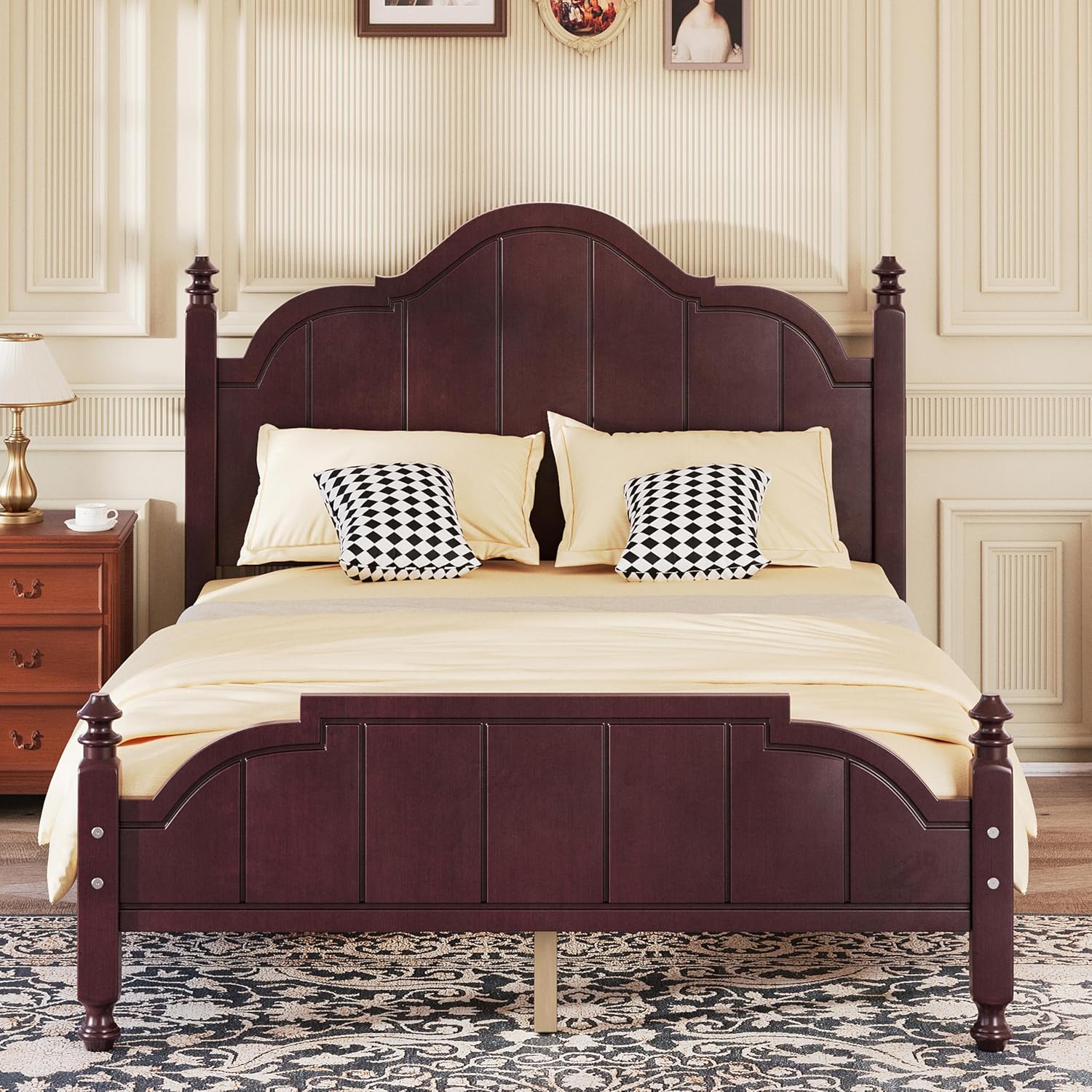 Full Size Platform Bed with Wide Headboard, Vintage Full Wooden Bed Frame with Durable Slats Support for Bedroom, Up to 650lbs, No Box Spring Needed, Easy Assembly (Espresso2, Full)