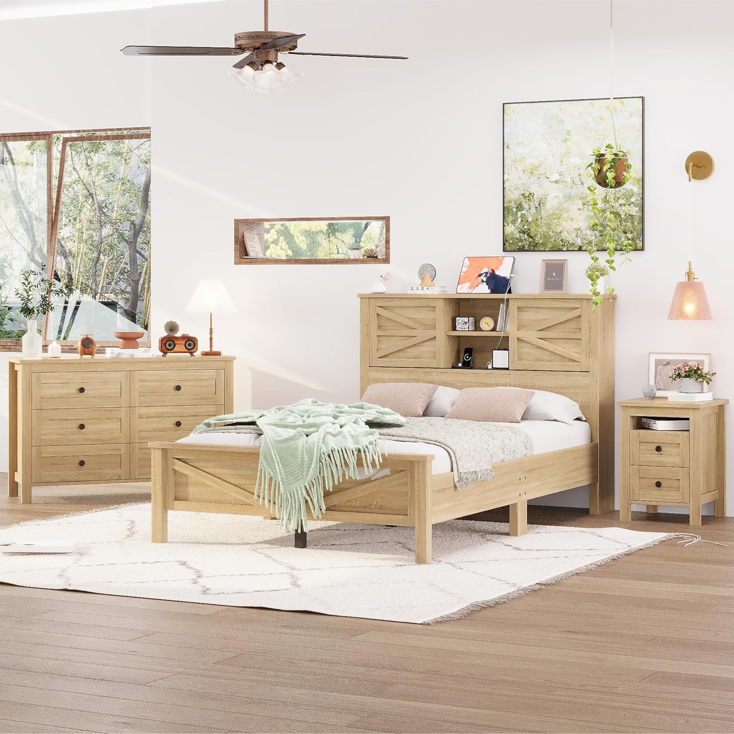 Full Size 3PCS Bedroom Sets, Platform Bed Frame with Double Sliding Door Storage Headboard and USB, 3-Pieces Bedroom Sets with Cabinet and Nightstands, Kids Adults, Natural