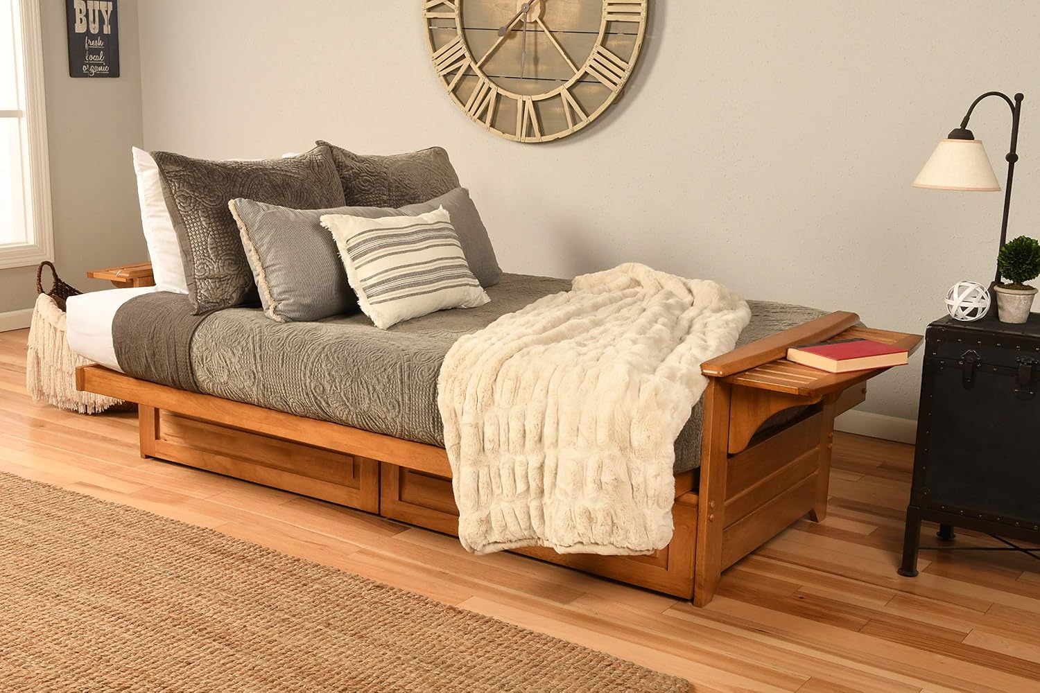 Kodiak Furniture Phoenix Full Size Futon in Butternut Finish with Storage Drawers, Linen Stone