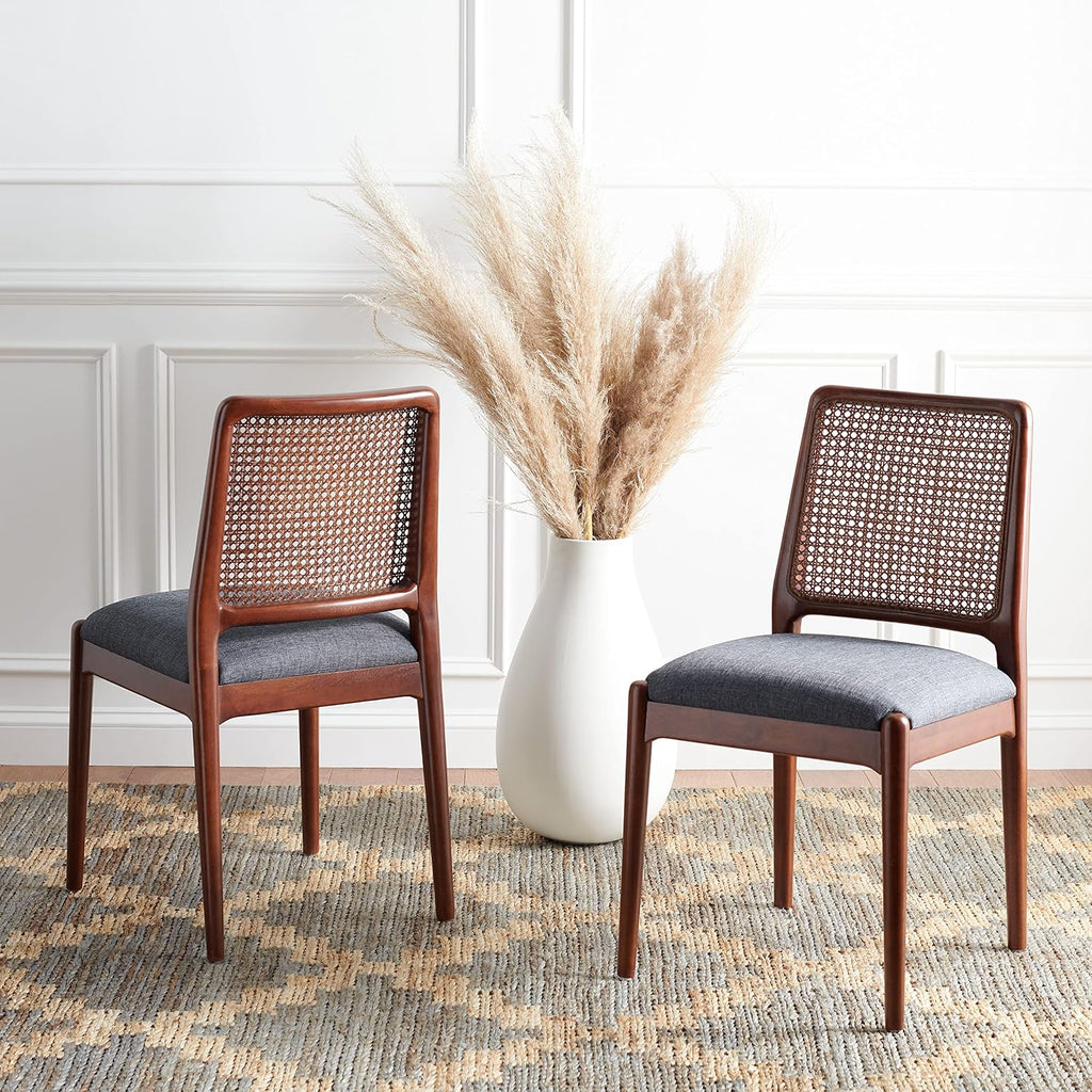 SAFAVIEH Home Collection Reinhardt Rattan Cushion Dining Chair (Set of 2) -Fully Assembled DCH8800D-SET2, Brown/Grey