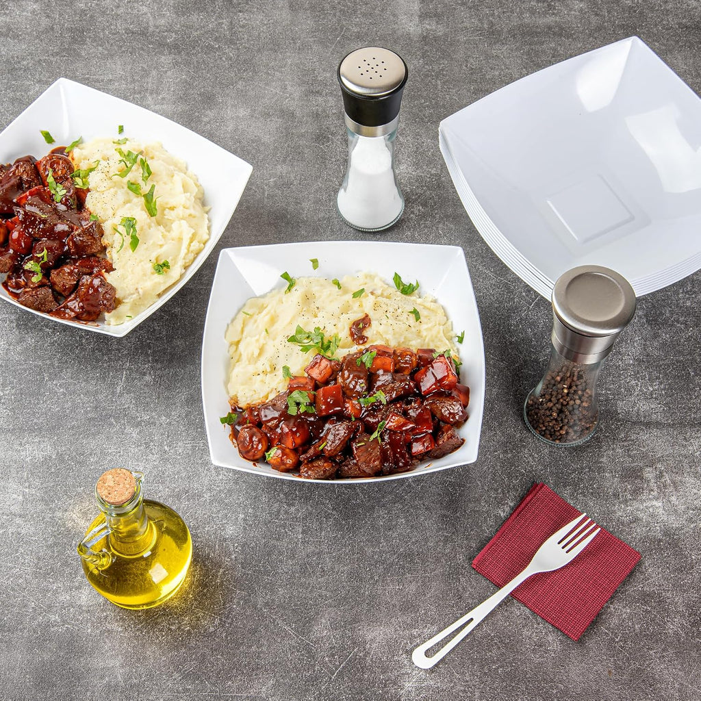 Restaurantware Moderna 64 Ounce Fancy Plastic Bowls 100 Square Disposable Salad Bowls - Durable Heavy-duty White Plastic Bowls For Warm And Cold Foods