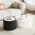 Round Living Room Table Set, 29.52' White Drum Center Table and 17.71' Black Coffee Table Set, 2 Pieces Coffee Table Set with Sintered Stone Tabletop, Fluted PU Leather Covered and StableBase