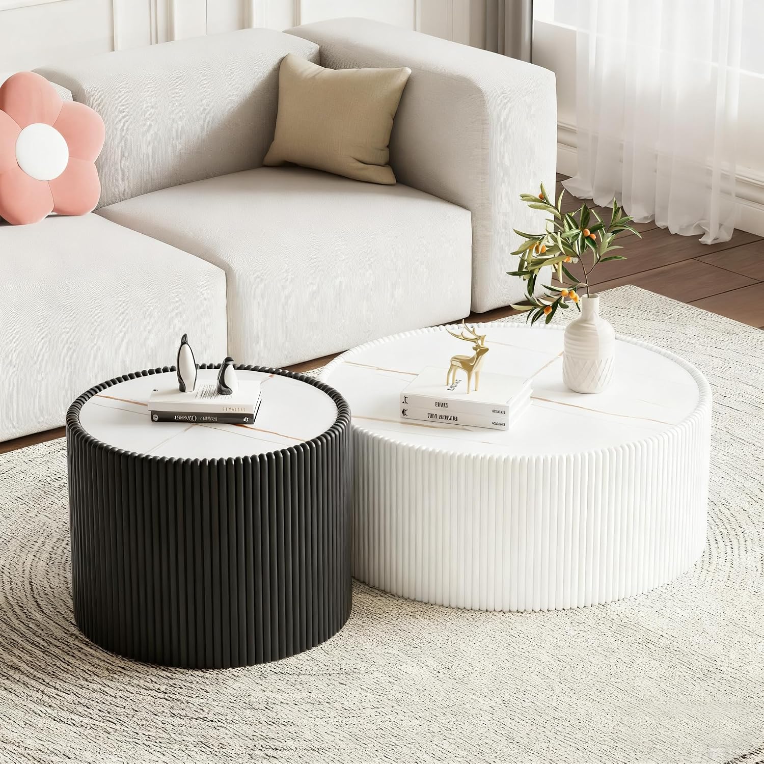 Round Living Room Table Set, 29.52' White Drum Center Table and 17.71' Black Coffee Table Set, 2 Pieces Coffee Table Set with Sintered Stone Tabletop, Fluted PU Leather Covered and StableBase