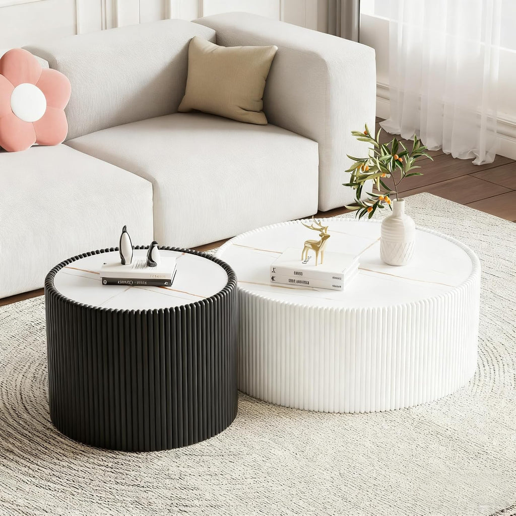 Round Coffee Table Set, 29.52' White Drum Center Table and 17.71' Black Coffee Table Set, 2 Pieces Living Room Table Set with Sintered Stone Tabletop, Fluted PU Leather Covered and Stable Base