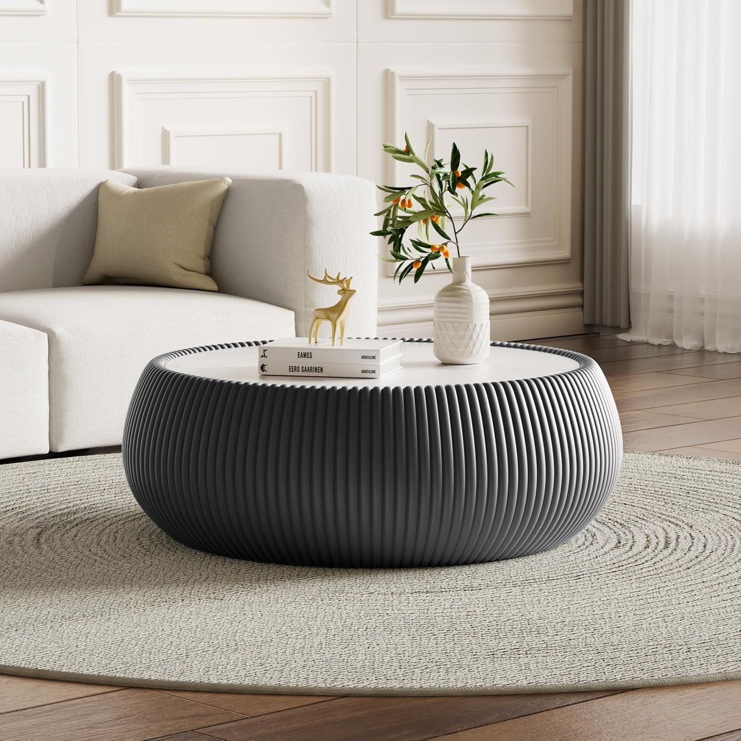 27.55' Grey Round Coffee Table, Drum Coffee Table with Sintered Stone Tabletop and Fluted PU Leather Covered and Stable Base, Circle Cocktail Tea Table for Living Room