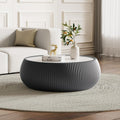 Grey Round Coffee Table, 27.55' Drum Coffee Table with Sintered Stone Tabletop and Fluted PU Leather Covered and Stable Base, Circle Cocktail Tea Table for Living Room