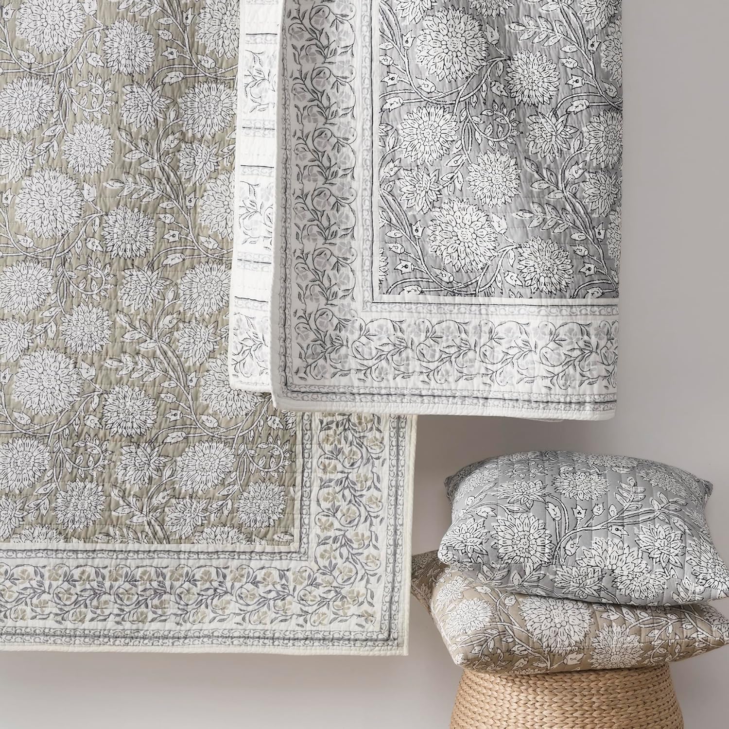 Levtex Home Adare Taupe Reversible Twin XL/Twin Quilt Set (68x86in) with 1 Pillow Sham (26x20in) - Floral Bedding - Taupe White - Cotton Twin Size Quilt Bedding Set - Lightweight, Soft, Pre-Washed