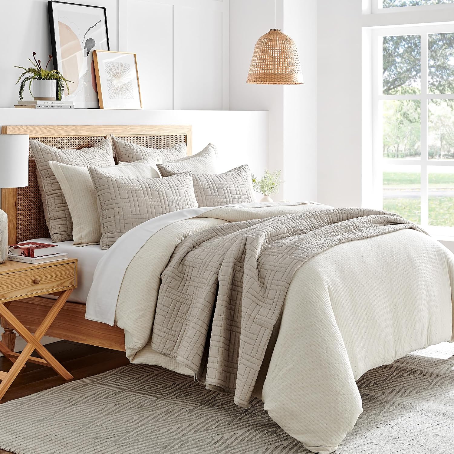 Levtex Home - Melange Stitch Quilt Set - King Quilt and Two King Shams - Solid Stitched - Natural - Quilt (106x92in.) and Shams (20x36in.) - Reversible - Polycotton Blend