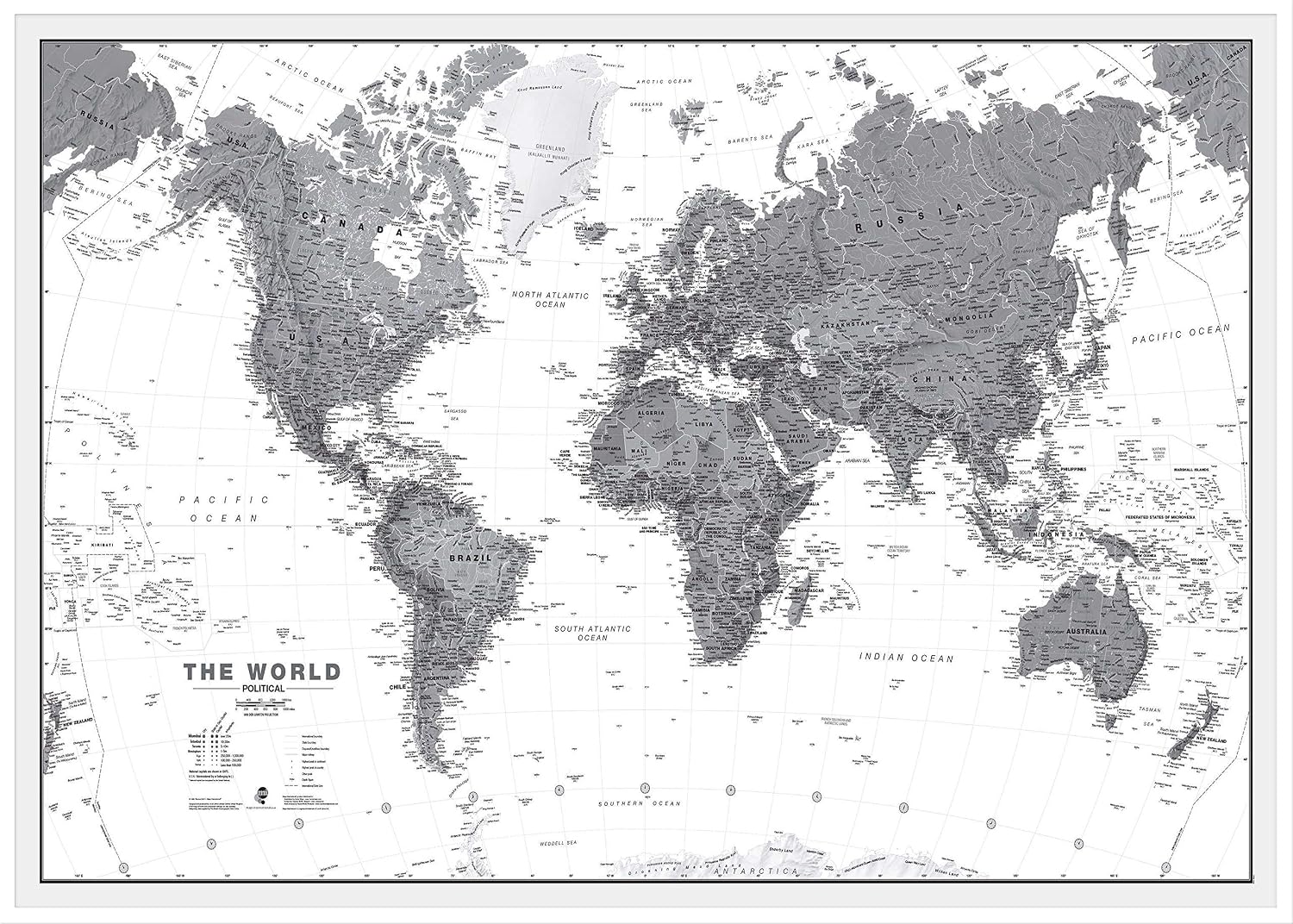 Maps International Large Political World Wall Map - Black & White - Push Pin Board Mounted with White Wood Frame - 36 x 48