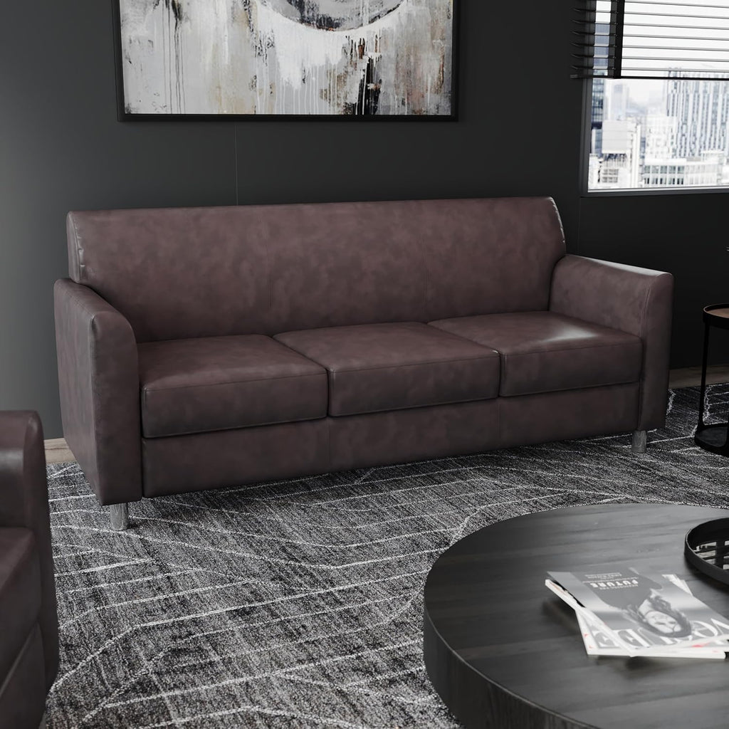 Flash Furniture Hercules Diplomat Side Reception Sofa with Chrome Legs, Lobby Chair with Cushions and Flared Arms, Brown LeatherSoft