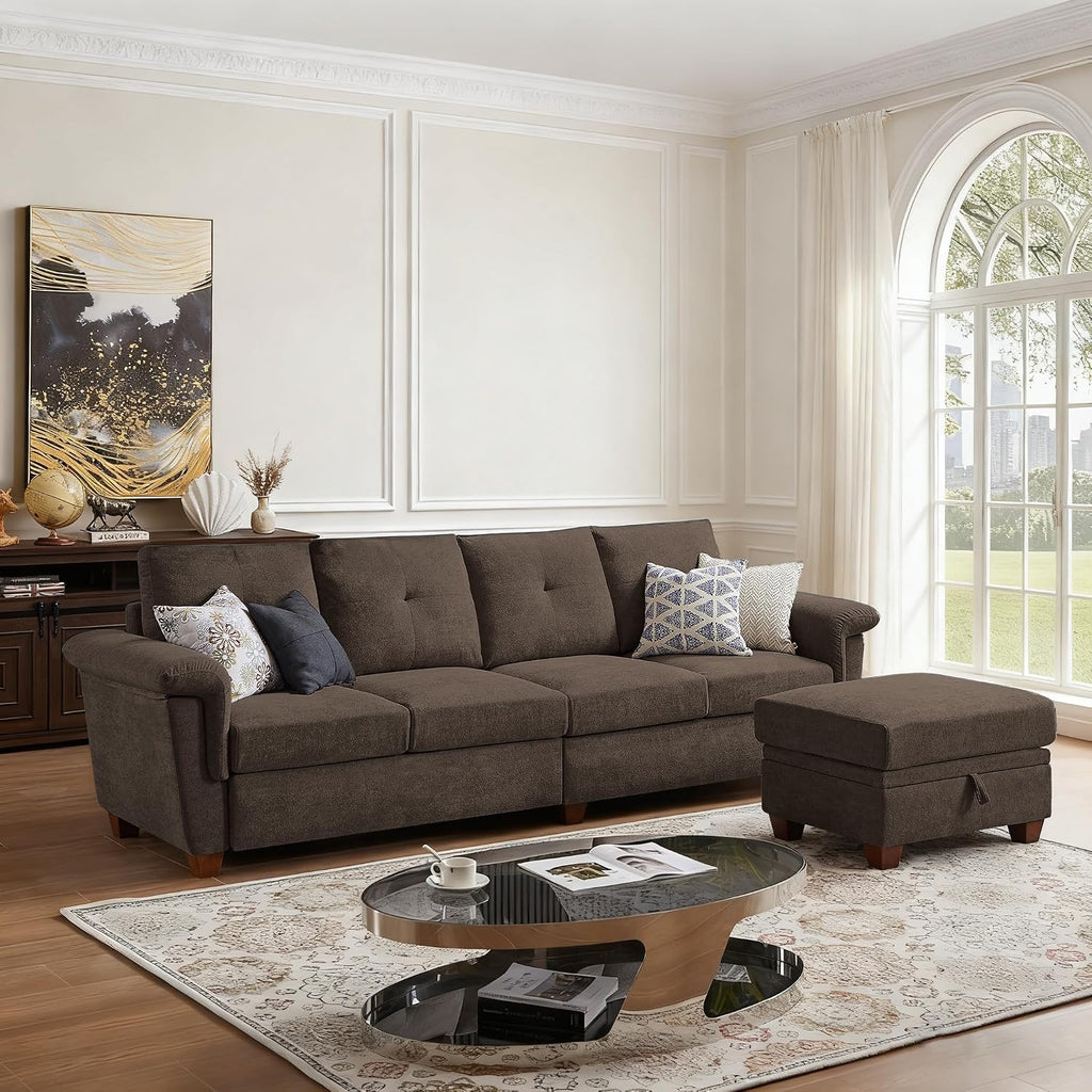 108' Sectional Sofa, Convertible L Shaped Sofa with Ottoman and Large Storage, 4 Seat Sectional Couch with Cup Holder, Couches for Living Room, Apartment, Office (Brown)