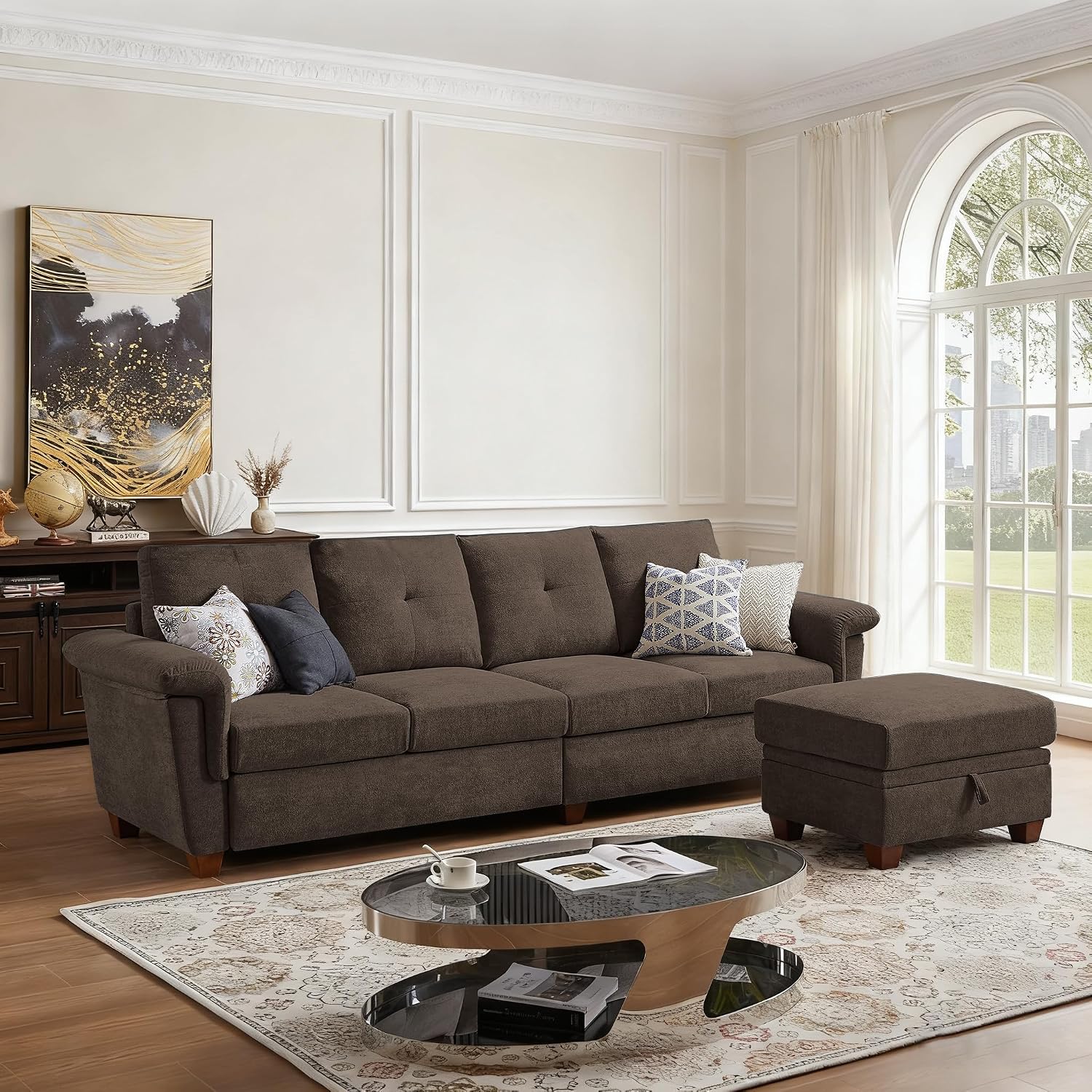 108' Sectional Sofa, Convertible L Shaped Sofa with Ottoman and Large Storage, 4 Seat Sectional Couch with Cup Holder, Couches for Living Room, Apartment, Office (Brown)