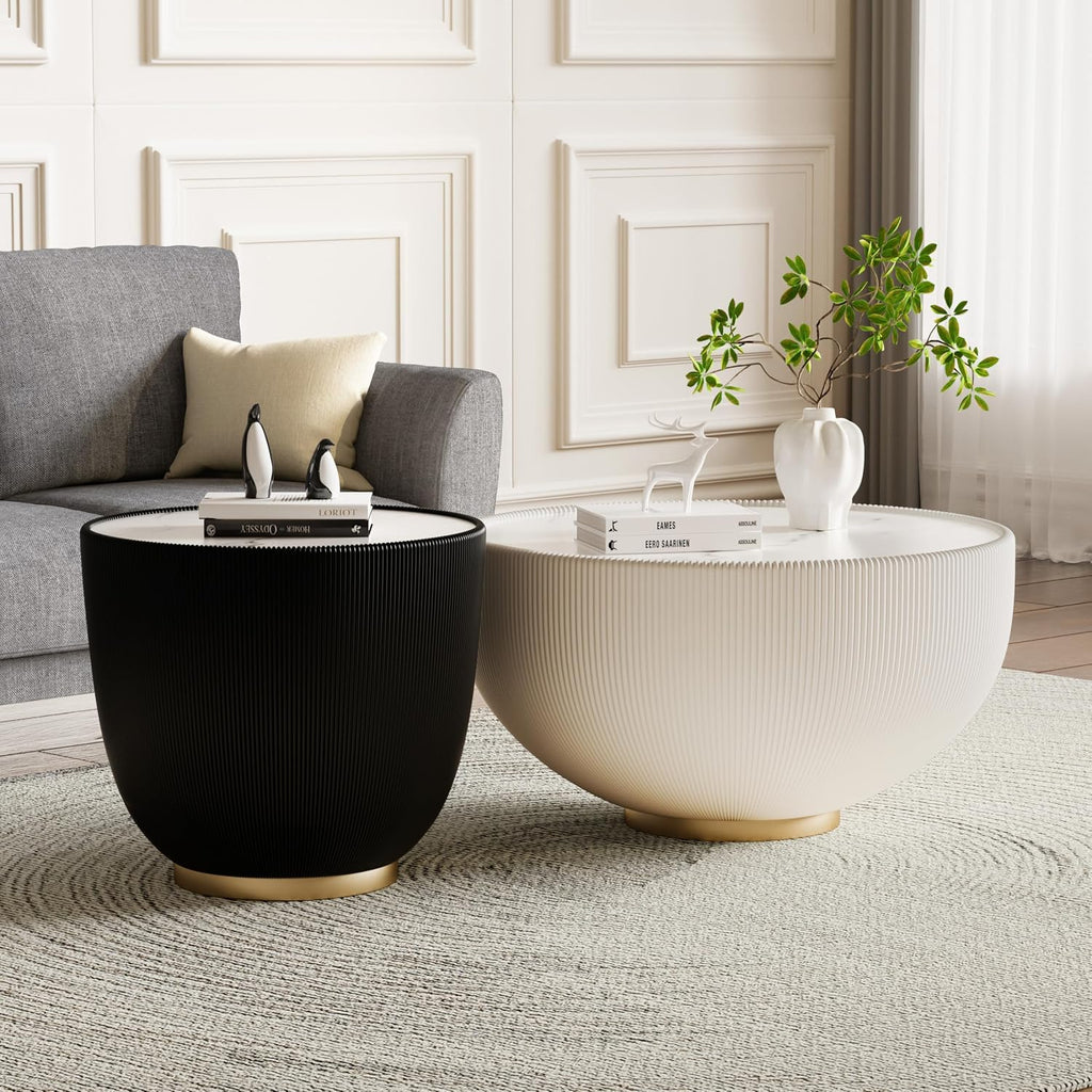 Round Living Room Table Set, 27.56' White Drum Center Table and 19.69' Black Center Table Set, 2 Pieces Coffee Table Set with Sintered Stone Tabletop, Fluted PU Leather Covered and Metal Base