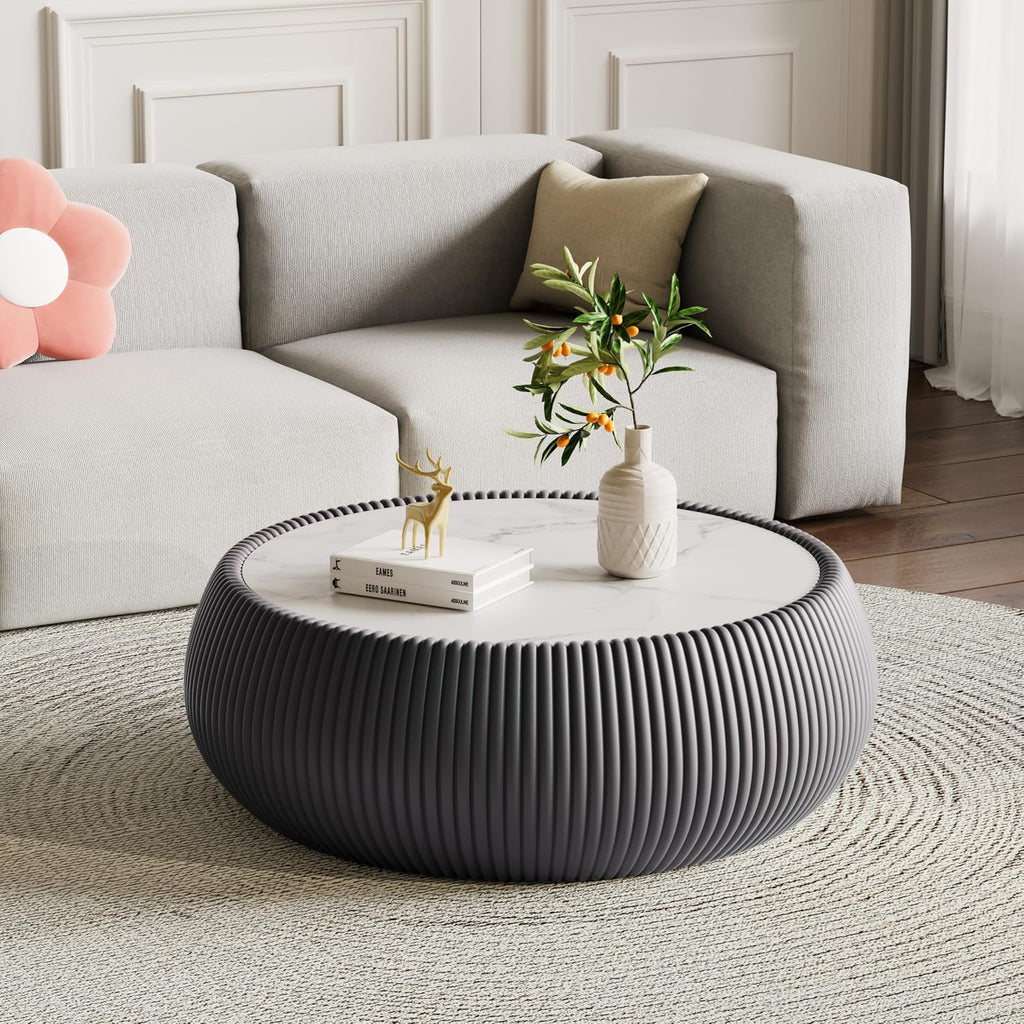 Grey Round Coffee Table, 27.55' Drum Coffee Table with Sintered Stone Tabletop and Fluted PU Leather Covered and Stable Base, Circle Cocktail Tea Table for Living Room