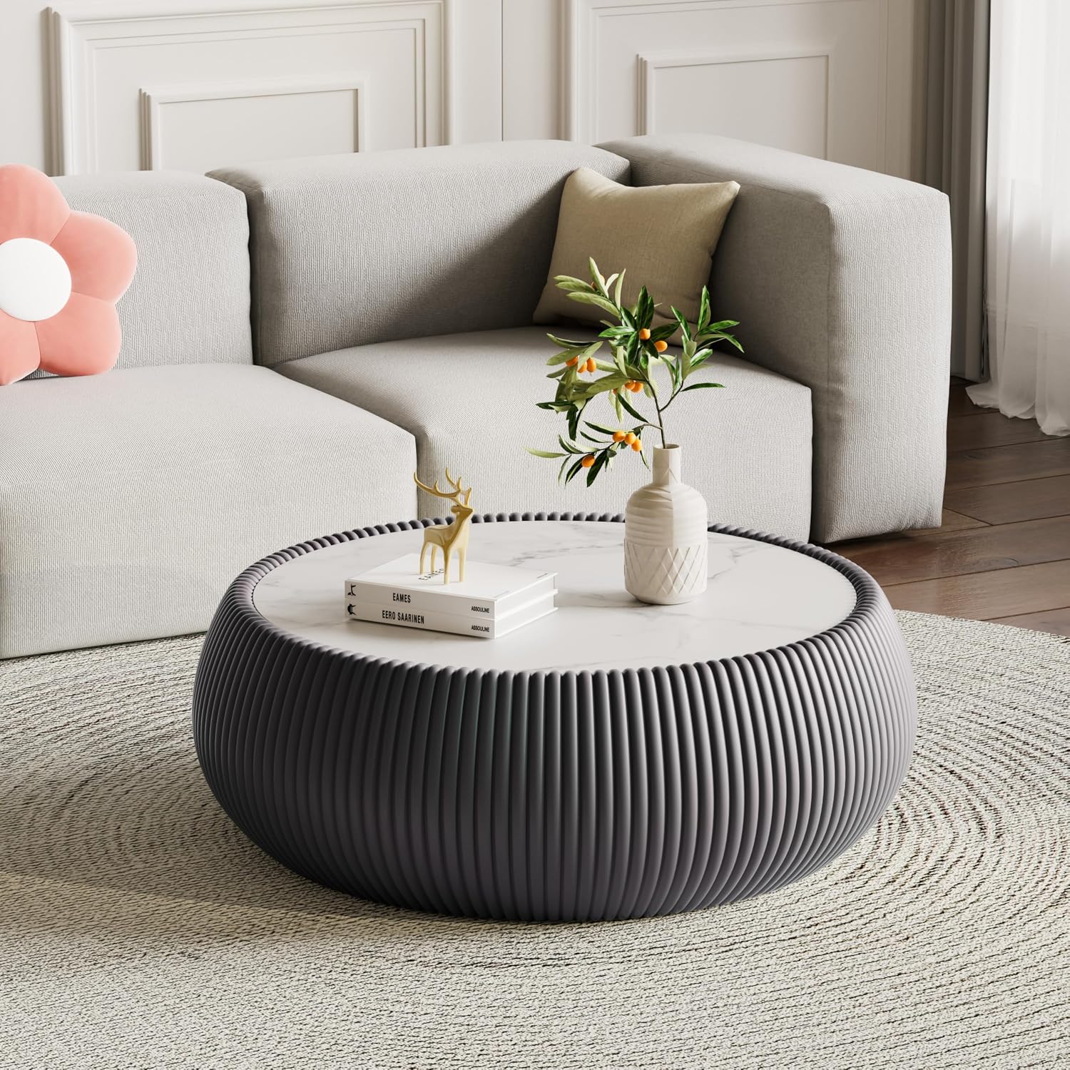 Grey Round Coffee Table, 27.55' Drum Coffee Table with Sintered Stone Tabletop and Fluted PU Leather Covered and Stable Base, Circle Cocktail Tea Table for Living Room