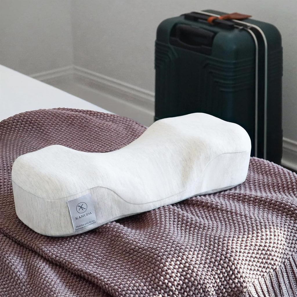Kanuda Mini Portable Pillow (Oatmeal) – Compact Orthopedic Cervical Neck Pillow for Travel, Firm Memory Foam Support with CV4 & OCBR Therapy, Washable Cover & Storage Bag