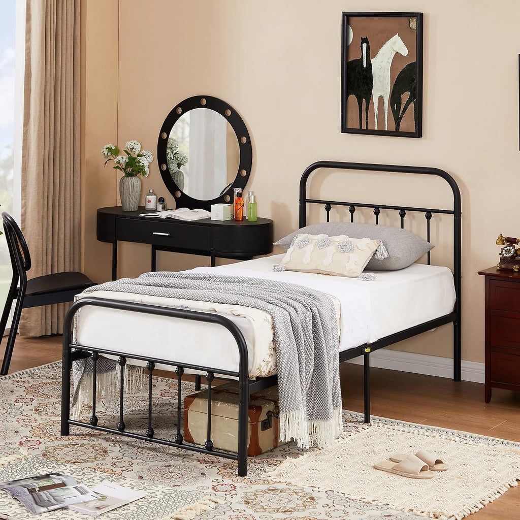 VECELO Twin Size Victorian Style Metal Bed Frame with Headboard Classic Metal Platform Bed Frame Mattress Foundation with Footboard/Under Bed Storage/No Box Spring Classic Black