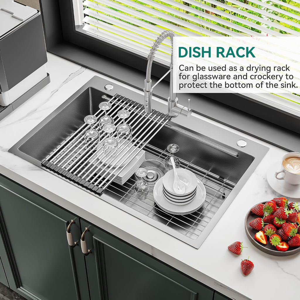 YITAHOME Drop In Kitchen Sink Workstation 33in, 304 Stainless Steel Single Bowl Top Mount Sink w/Ledge & Accessories, Honeycomb Surface Design, 33 x 22 x 10 in, Silver