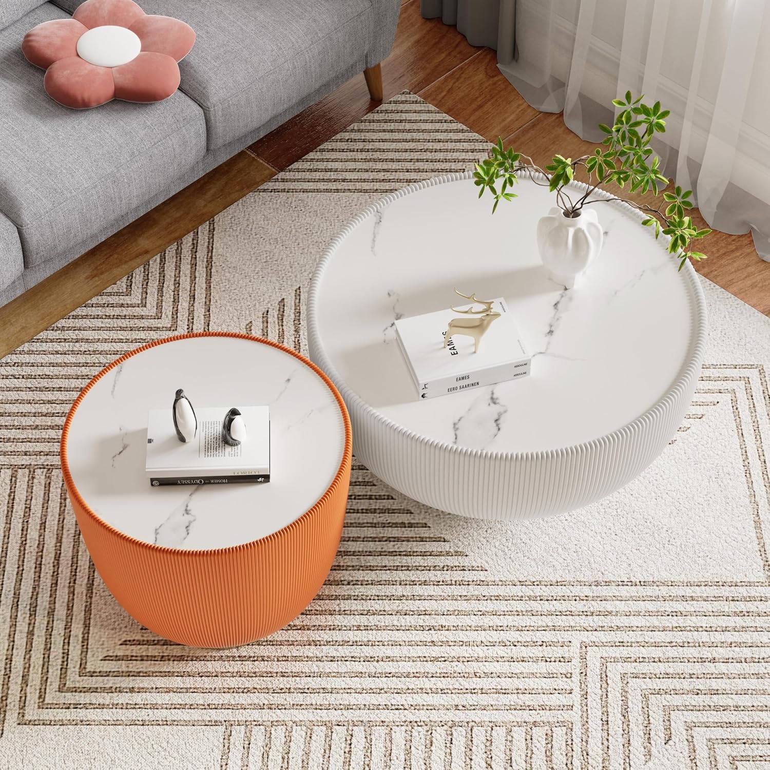 Round Coffee Table Set, 27.56' White Drum Center Table and 19.69' Orange Coffee Table Set, 2 Pieces Living Room Table Set with Sintered Stone Tabletop, Fluted PU Leather Covered and Metal Base
