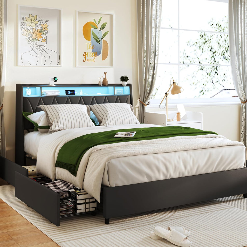 Black Full Bed Frame with Headboard, Metal Platform Bed Full Size with 2-Tier Bookshelf Storage, and 4 Storage Drawers & Charging Station Type C, No Box Spring Needed (Black+LED, Full)