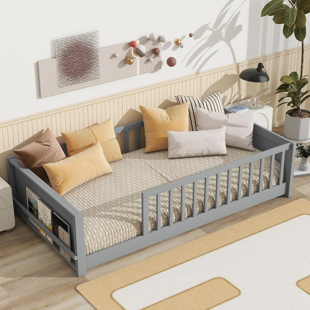 Twin Size Kids Montessori Floor Bed,Twin Floor Bed Frame with Slats and Bookcase,Solid Wood Montessori Bed for Girls Boys,Grey
