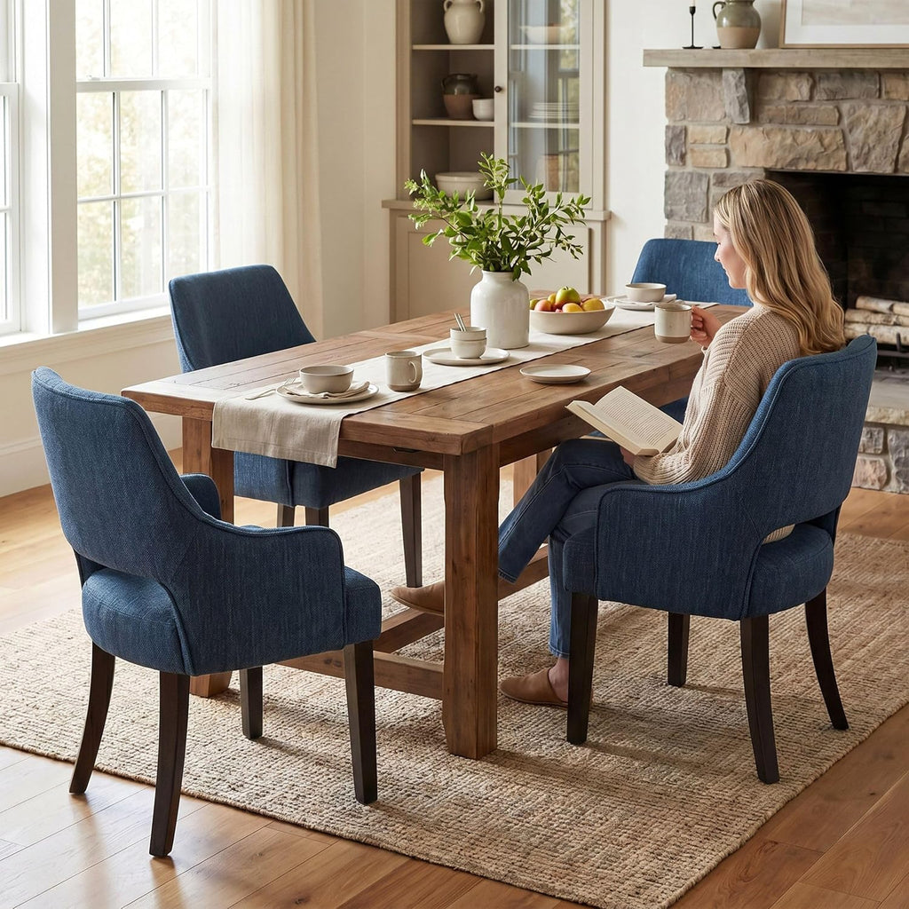 Dining Chairs Set of 4, Fabric Upholstered Dining Room Chair with Arms, Solid Wood Kitchen Chair with for Living/Dining Room/Bedroom/Restaurant, Blue