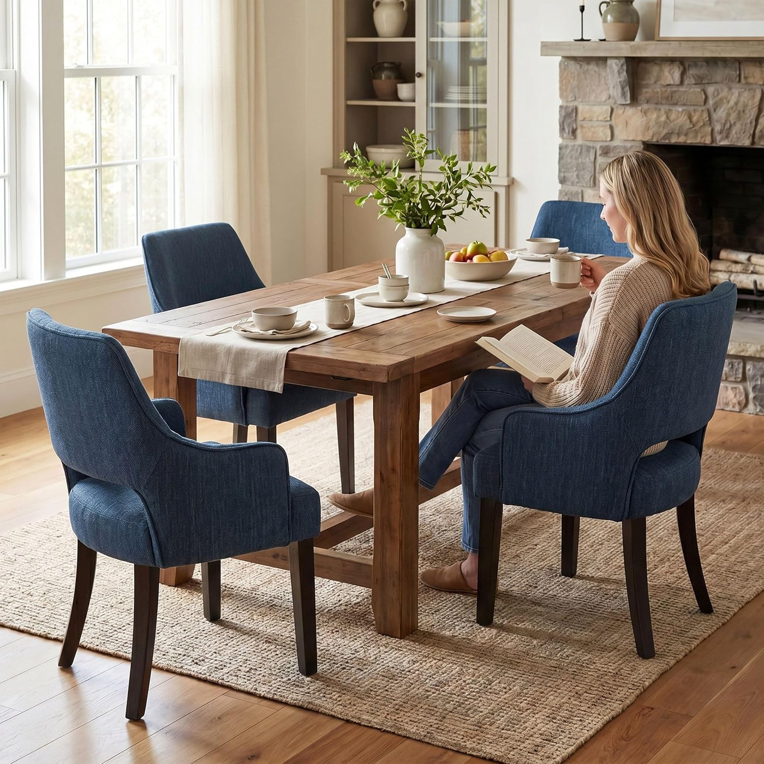 Dining Chairs Set of 4, Fabric Upholstered Dining Room Chair with Arms, Solid Wood Kitchen Chair with for Living/Dining Room/Bedroom/Restaurant, Blue