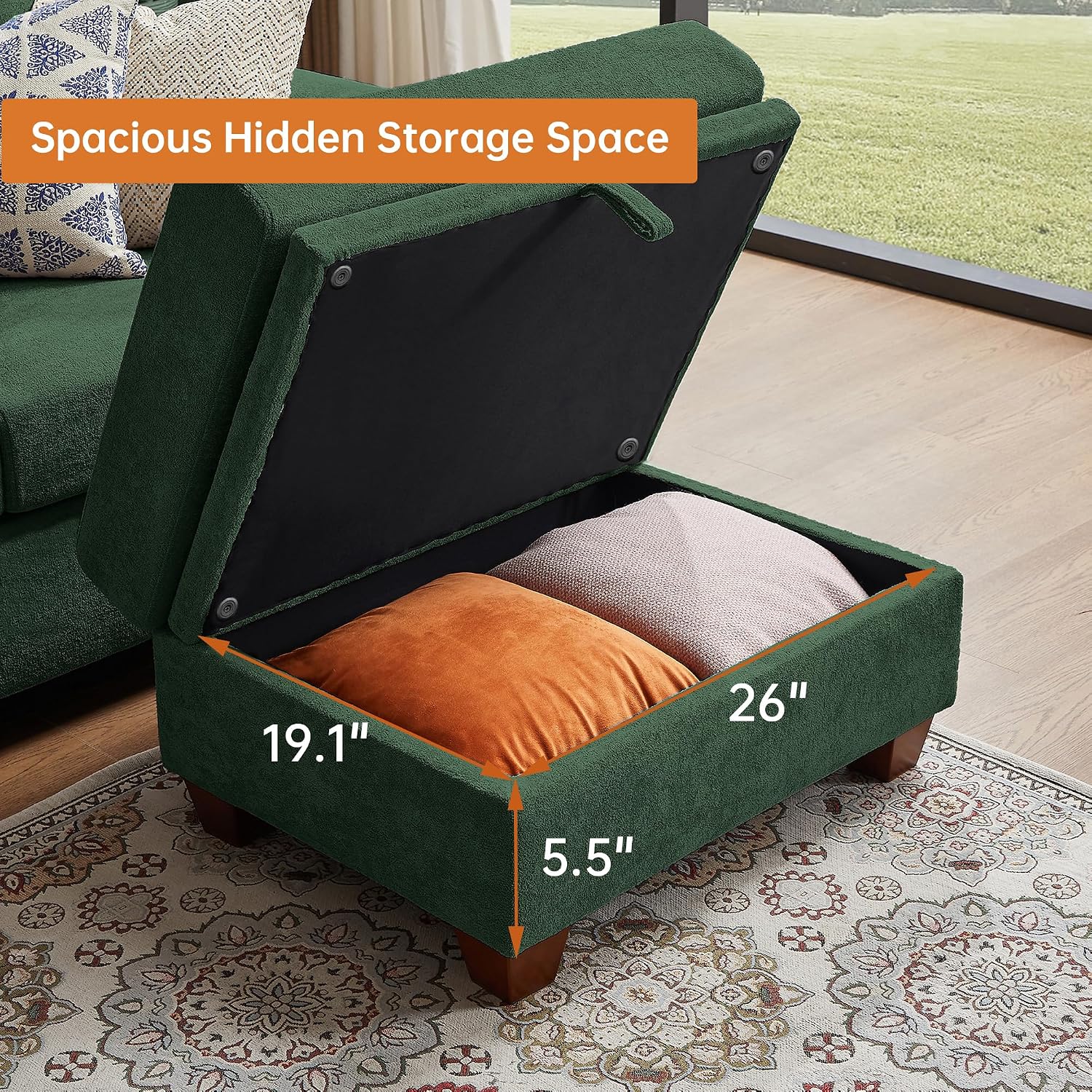 4-Seat Sectional Couches for Living Room, Bedroom, Office, L Shape Convertible Sectional Sofa Couch with Ottoman and Cup Holders, Green