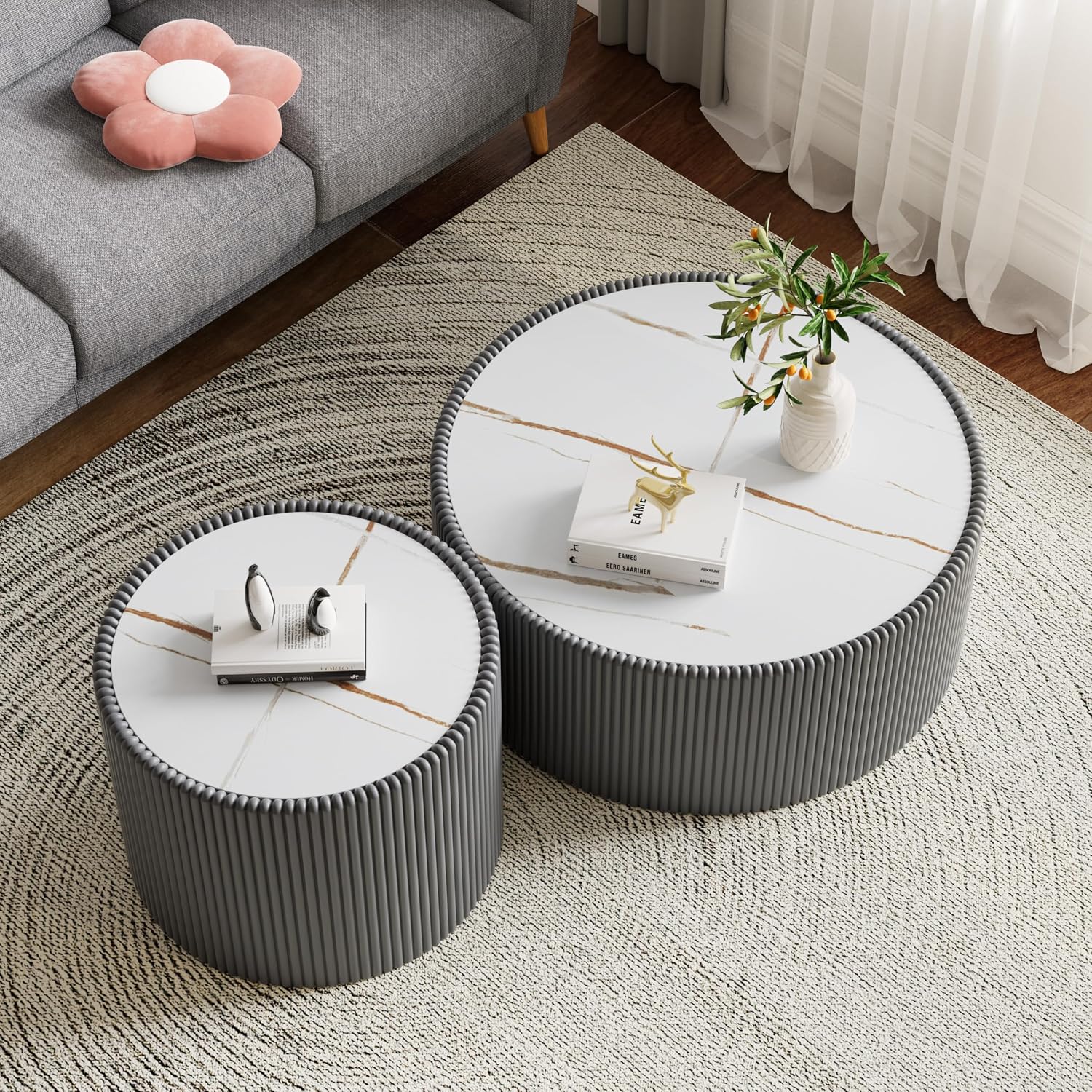 Round Living Room Table Set, 29.52' Grey Drum Center Table and 17.71' Grey Coffee Table Set, 2 Pieces Coffee Table Set with Sintered Stone Tabletop,Fluted PU Leather Covered and StableBase