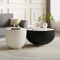 Round Living Room Table Set, 27.56' Black Drum Center Table and 19.69' White Coffee Table Set, 2 Pieces Coffee Table Set with Sintered Stone Tabletop, Fluted PU Leather Covered and Metal Base