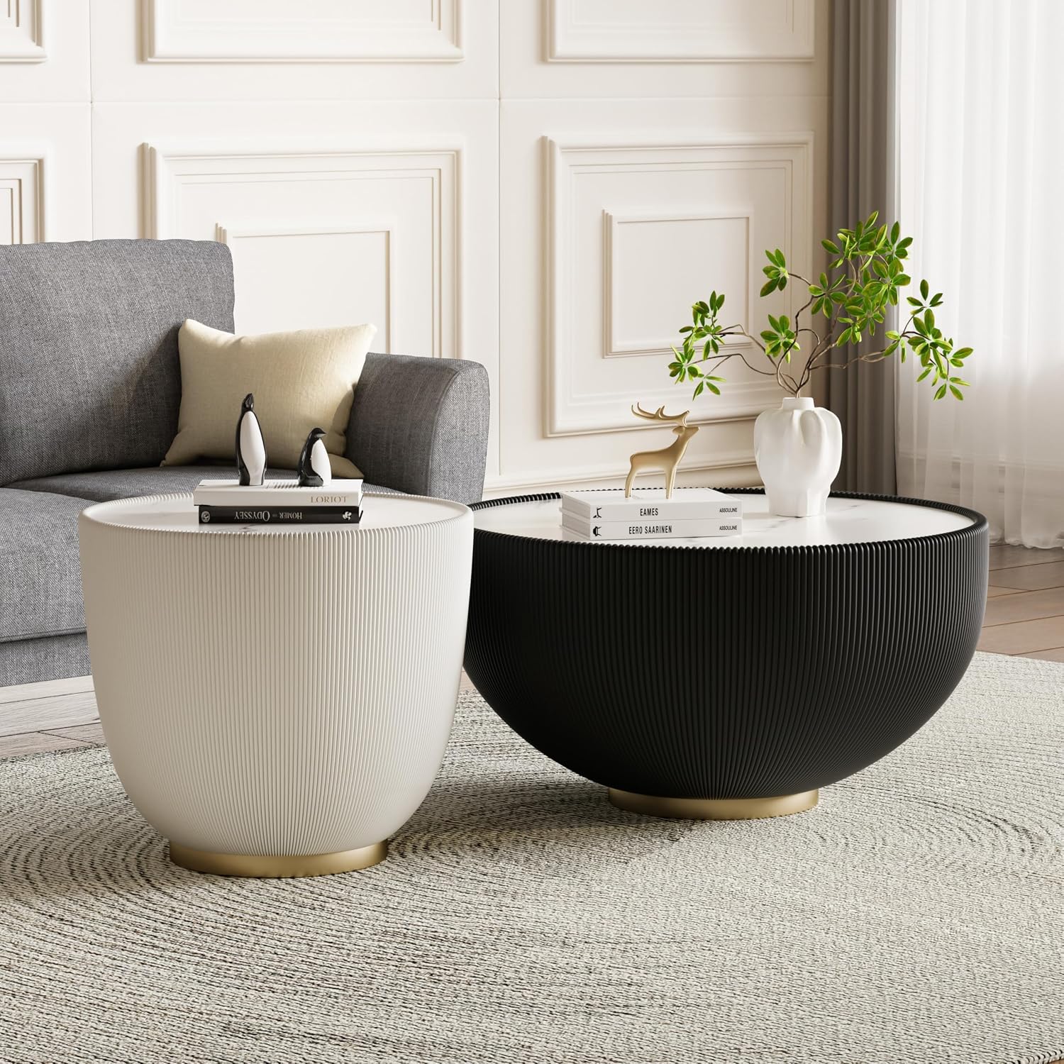 Round Coffee Table Set, 27.56' Black Drum Center Table and 19.69' White Coffee Table Set, 2 Pieces Living Room Table Set with Sintered Stone Tabletop, Fluted PU Leather Covered and Metal Base