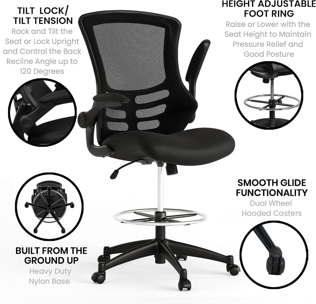 Flash Furniture Kelista Mid-Back Swivel Office Chair with Adjustable Seat Height, Ergonomic Mesh Desk Chair with Flip-Up Armrests, Black