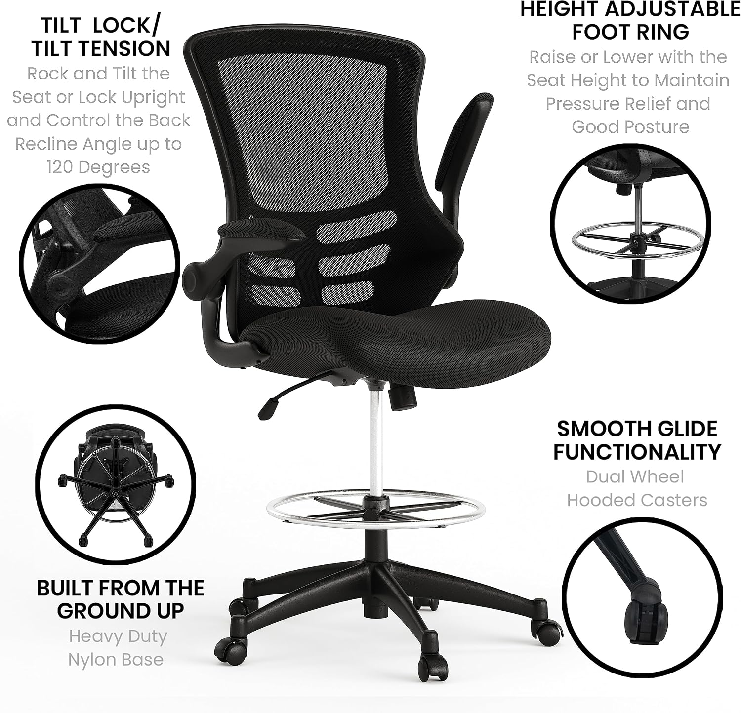 Flash Furniture Kelista Mid-Back Swivel Office Chair with Adjustable Seat Height, Ergonomic Mesh Desk Chair with Flip-Up Armrests, Black