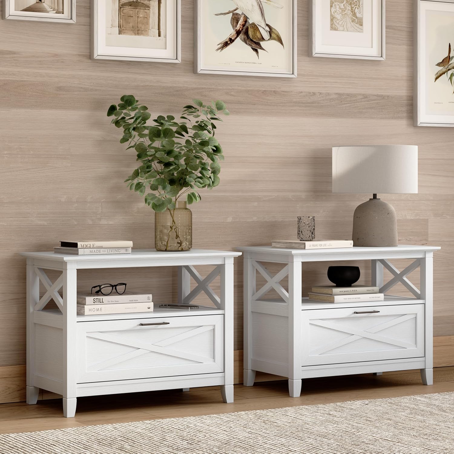 Bush Home 32-inch Nightstand with Drawer - Set of 2, Bedroom Furniture, Key West Collection, Pure White Oak