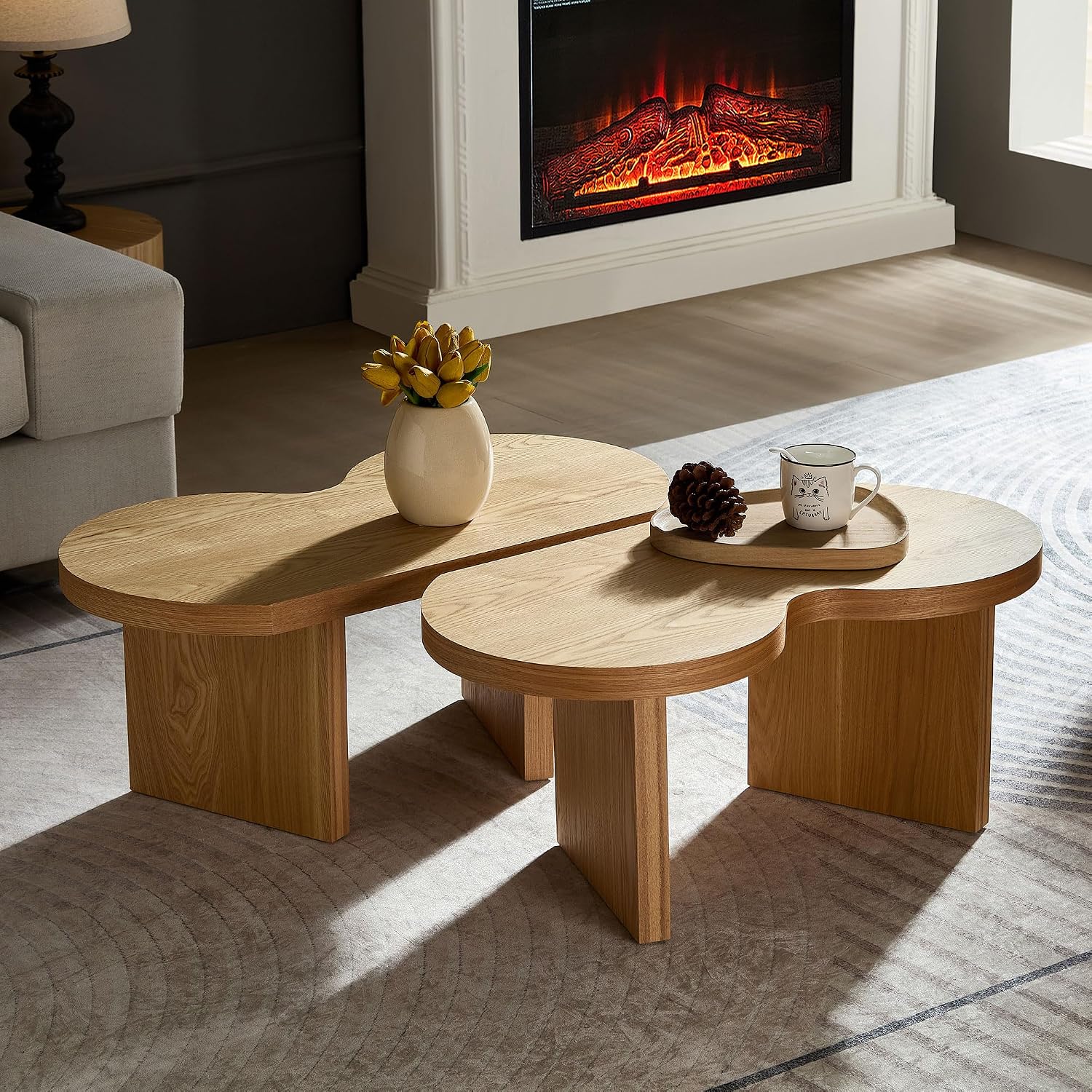Nesting Coffee Table Set of 2 for Living Room, Couch/Bedroom Side, Butterfly Shaped Unique Cute, 31.49' Wood Irregular Fun Center Table for Small Space - Oak