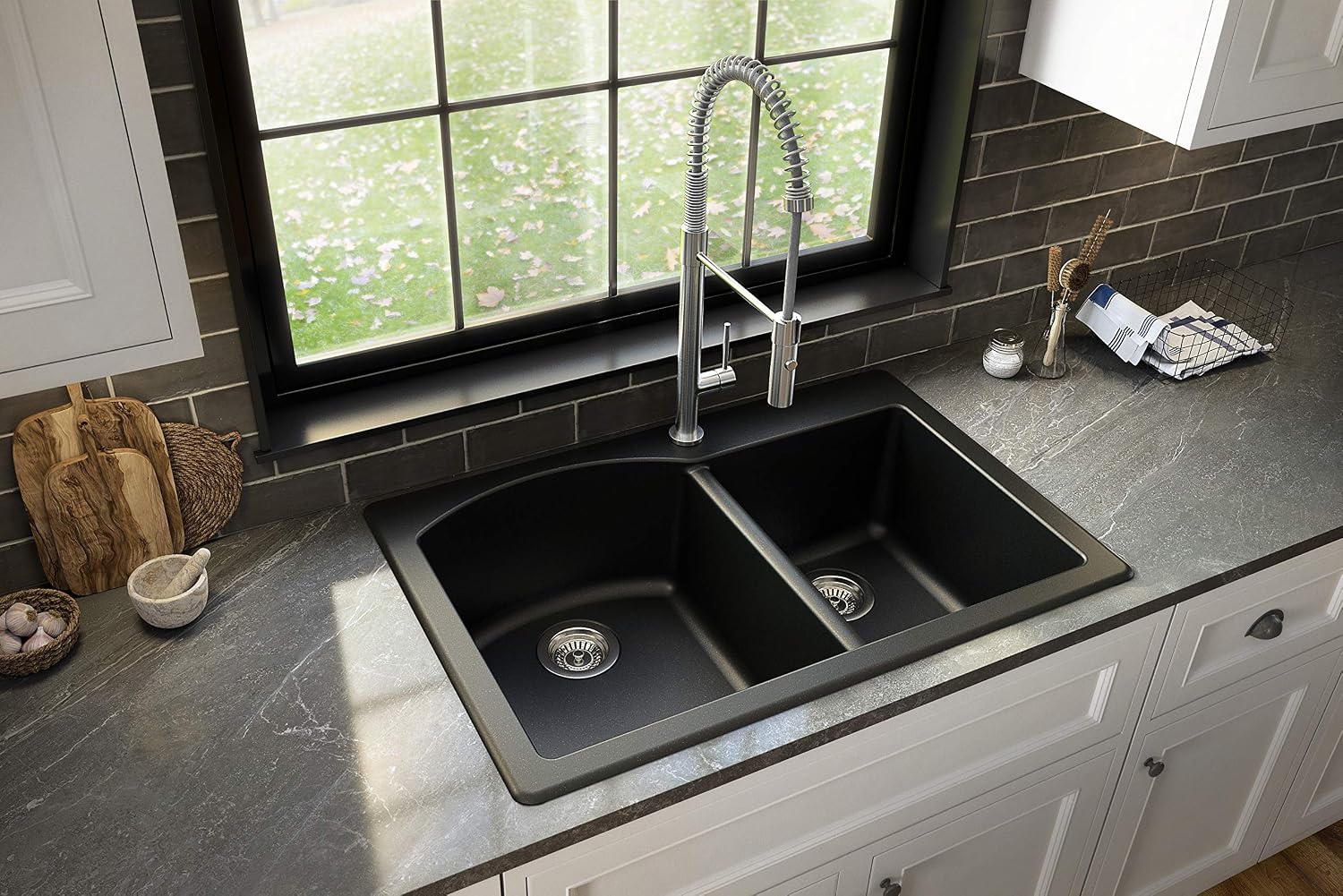 Karran 33' Drop-In/Top Mount Quartz Composite 1-Hole 60/40 Double Bowl Kitchen Sink in Black