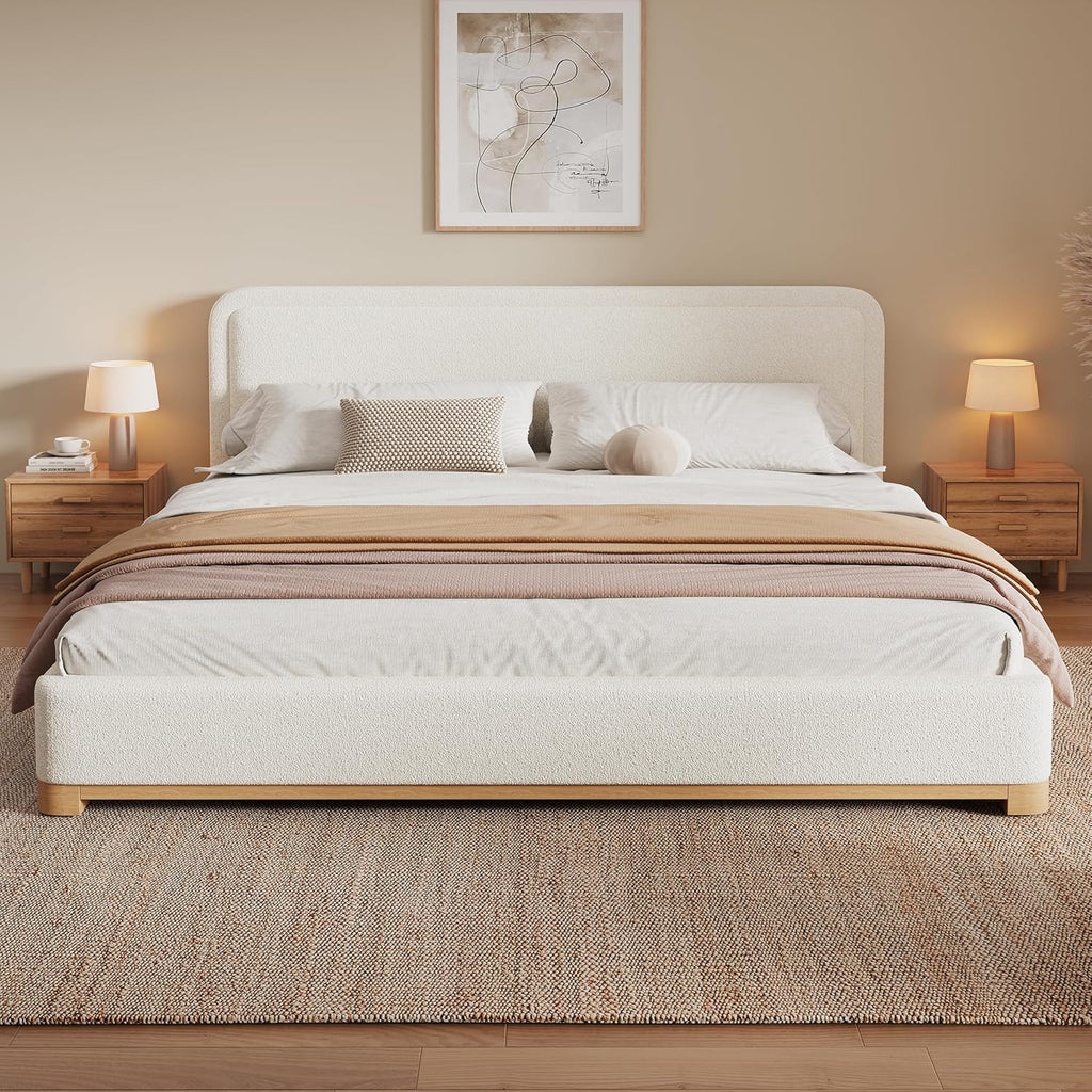 Christopher Knight Home Robey California King Size Bed Frame with Headboard, Boucle California King Bed Frame and Headboard, Wooden Slat Support, No Box Spring Needed, Easy Assembly, White