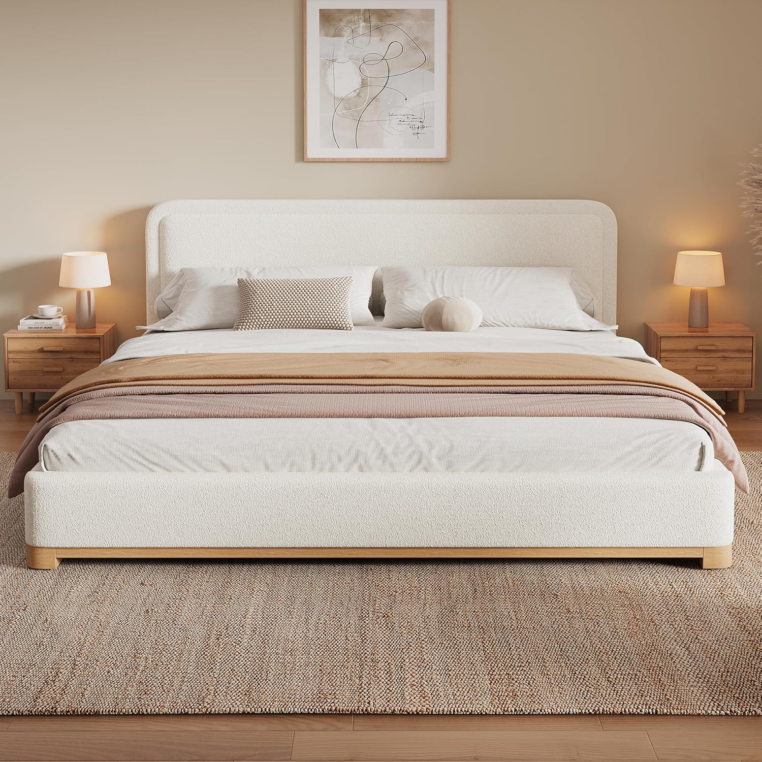 Christopher Knight Home Robey California King Size Bed Frame with Headboard, Boucle California King Bed Frame and Headboard, Wooden Slat Support, No Box Spring Needed, Easy Assembly, White