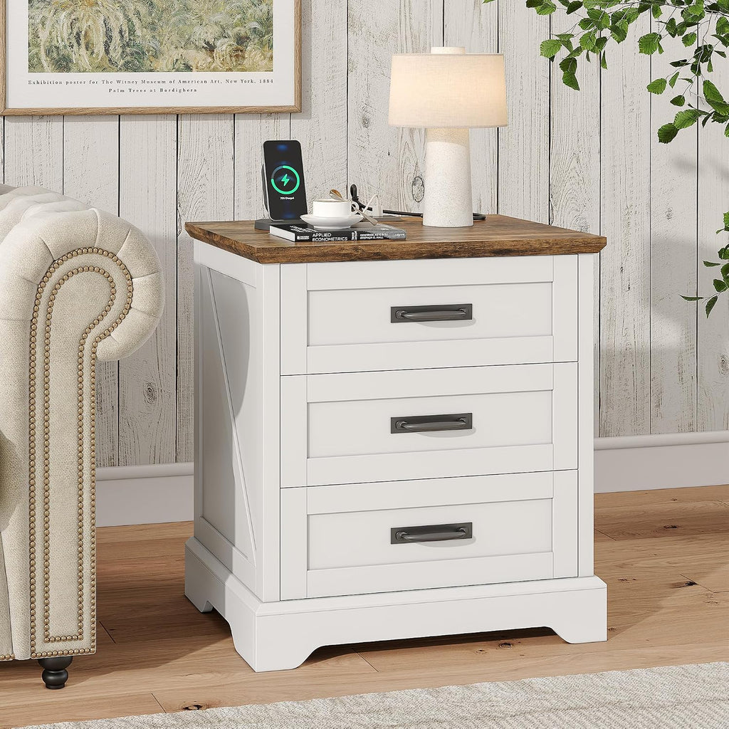 Whalefall Farmhouse Nightstand with Charging Station, 3 Drawers Bedside Table, 22 inch Wide End Table for Bedroom, White