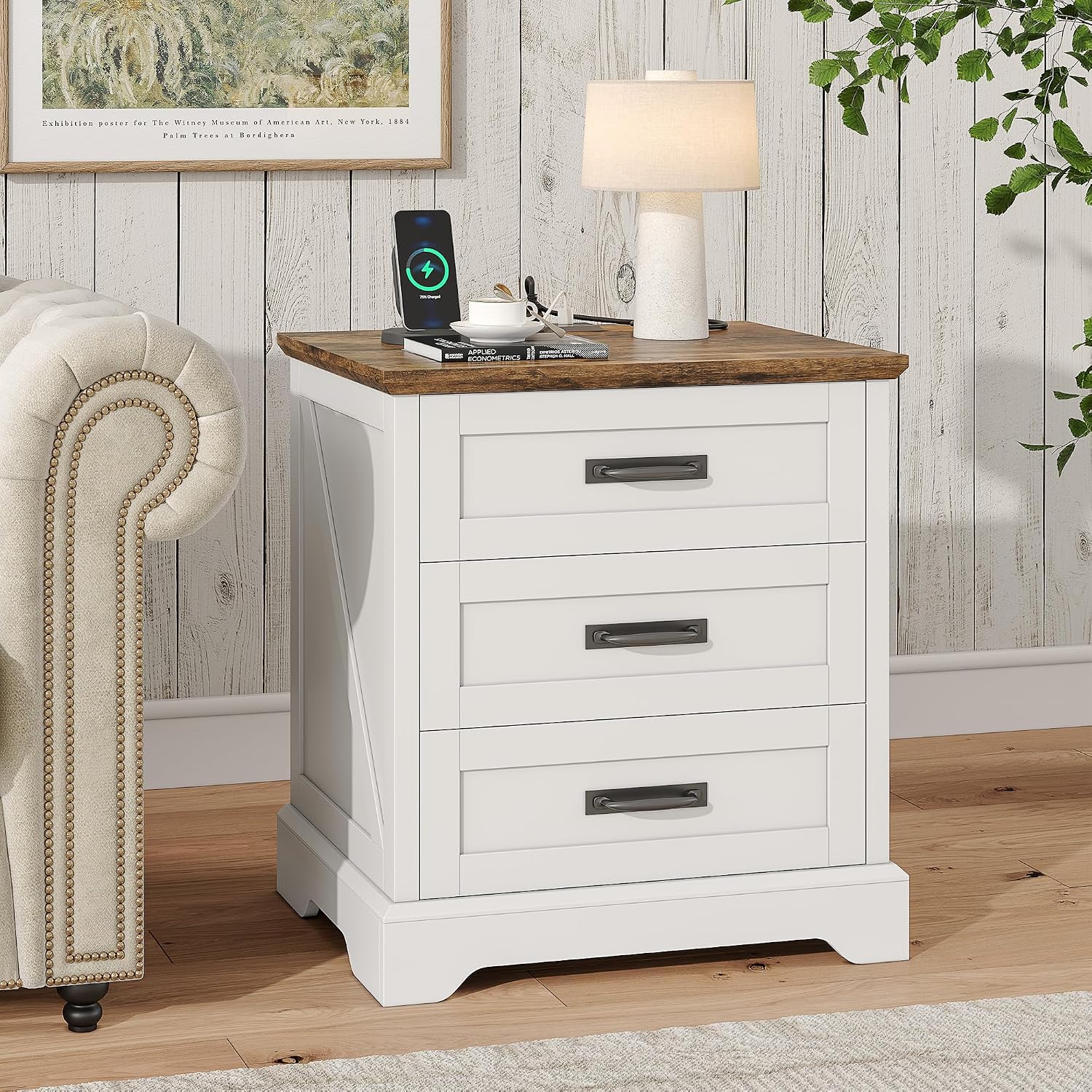 Whalefall Farmhouse Nightstand with Charging Station, 3 Drawers Bedside Table, 22 inch Wide End Table for Bedroom, White