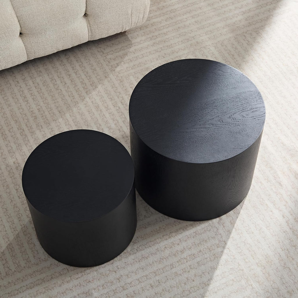Black Round Nesting Coffee Table Set of 2, Modern Wood Side Table Full Assembly for Small Space Living Room Apartment - Black