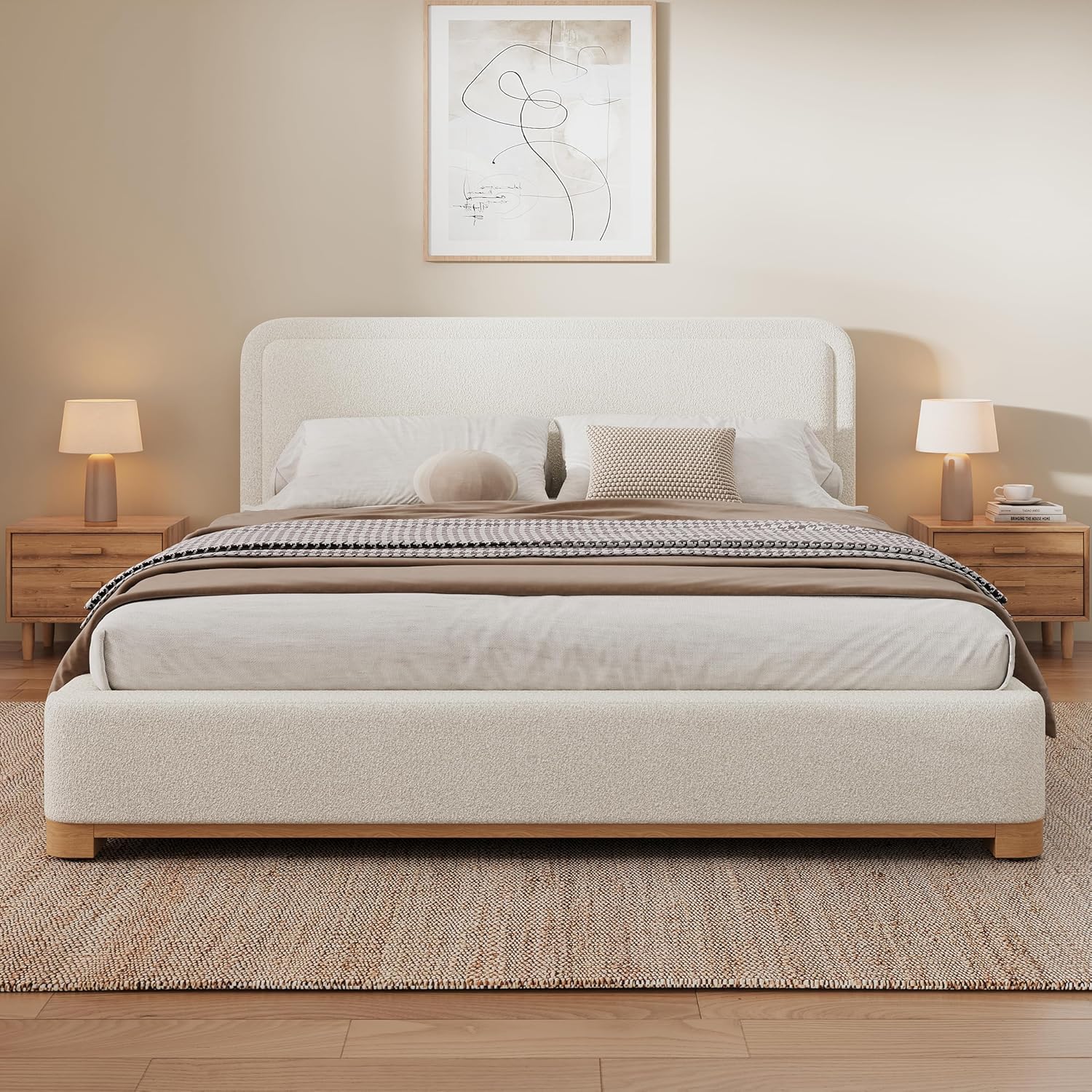 Christopher Knight Home Robey Queen Size Platform Bed Frame, Boucle Fabric Queen Size Bed Frame and Headboard, Modern Queen Bed Set, Wooden Slat Support, No Box Spring Needed, Easy Assembly, White
