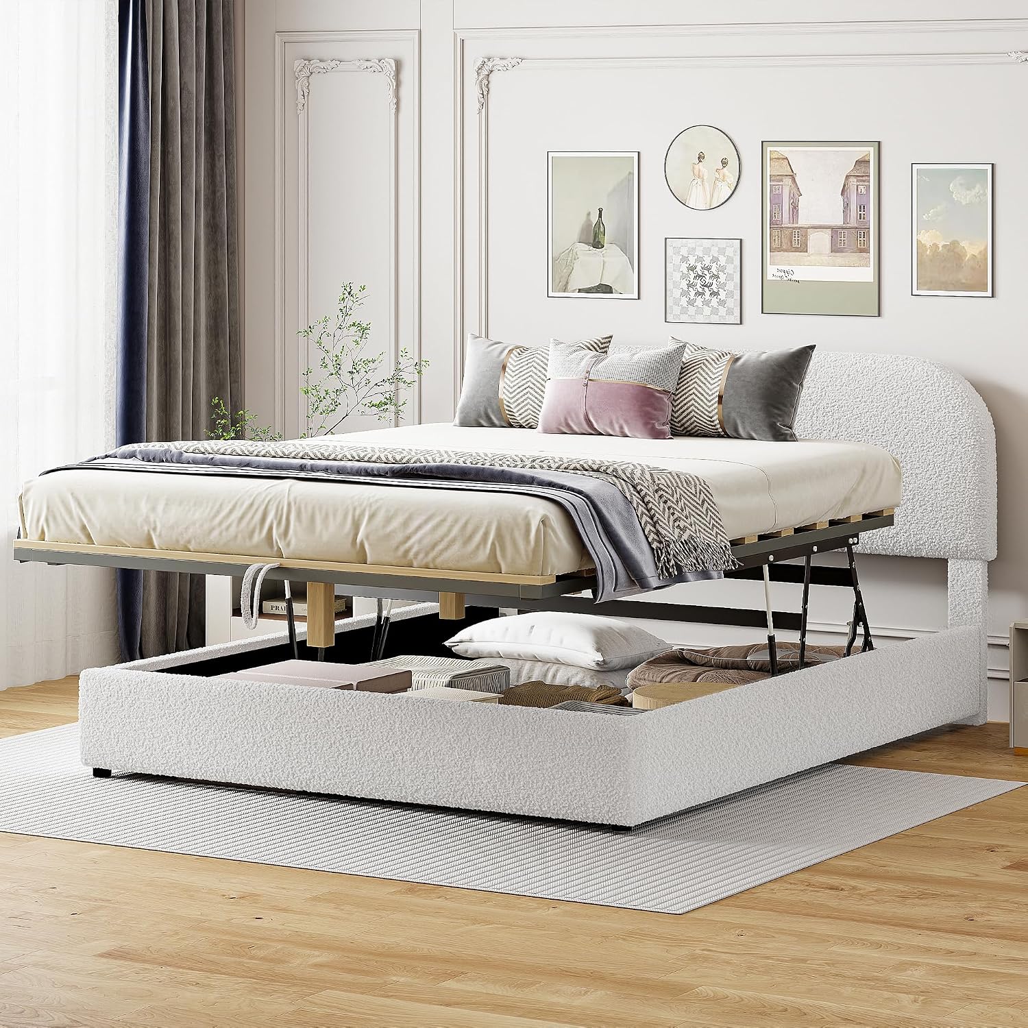 Upholstered Platform Bed with Hydraulic Storage System and Curved Shaped Headboard, Queen Size Wood Bed Frame for Kids Adults Bedroom Furniture, Teddy Fleece Thick Upholstered Bed Grounded Bed