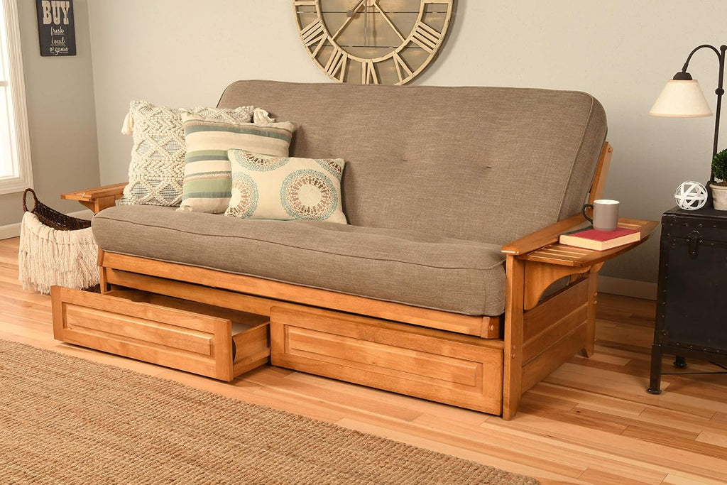 Kodiak Furniture Phoenix Full Size Futon in Butternut Finish with Storage Drawers, Linen Stone