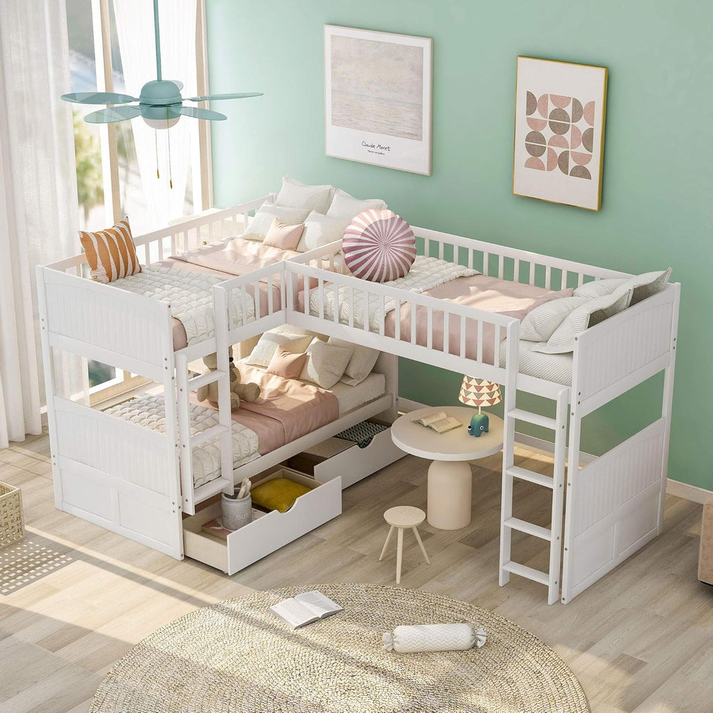 Twin Size Bunk Bed with a Loft Bed Attached and 2 Drawers,Bedroom Wood Bed Frame W/Space,Ladder,Rails,No Box Spring Required,for Girl Boy Kid,White