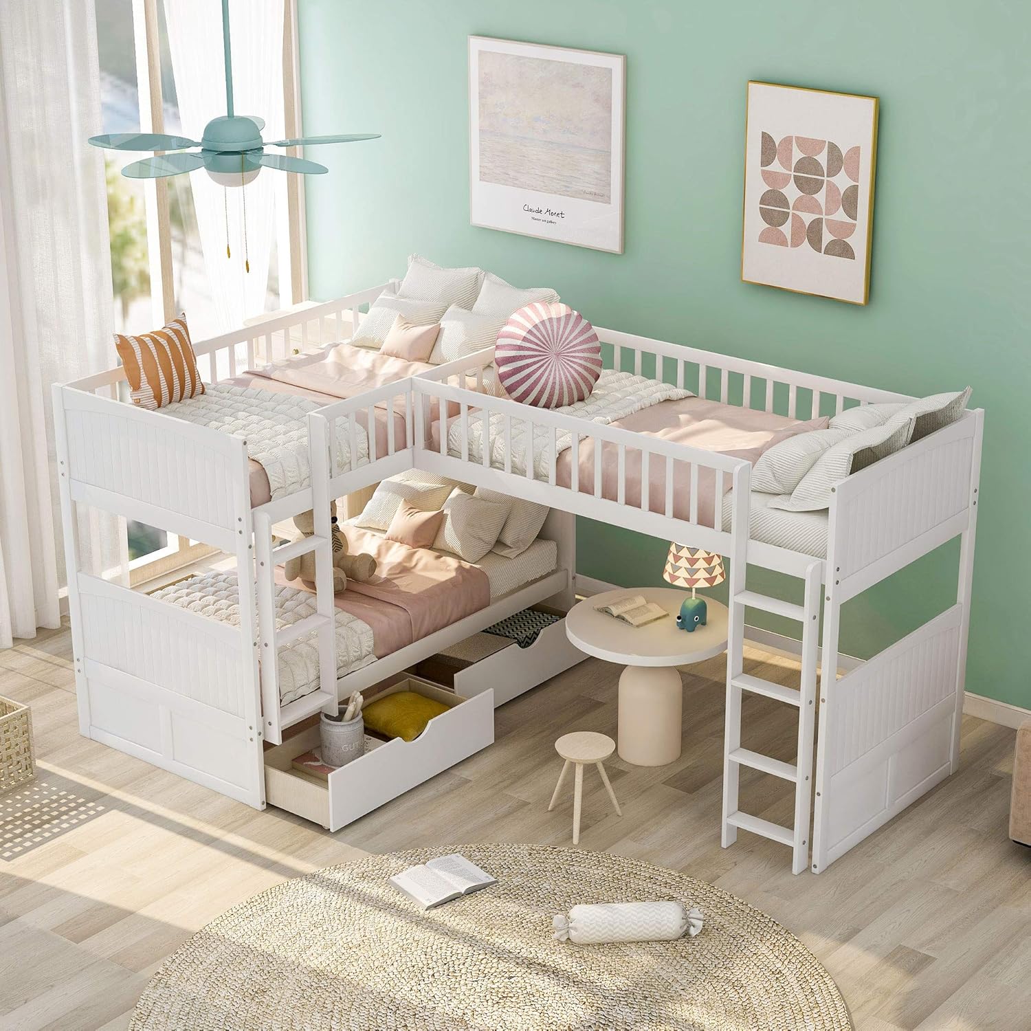 Twin Size Bunk Bed with a Loft Bed Attached and 2 Drawers,Bedroom Wood Bed Frame W/Space,Ladder,Rails,No Box Spring Required,for Girl Boy Kid,White