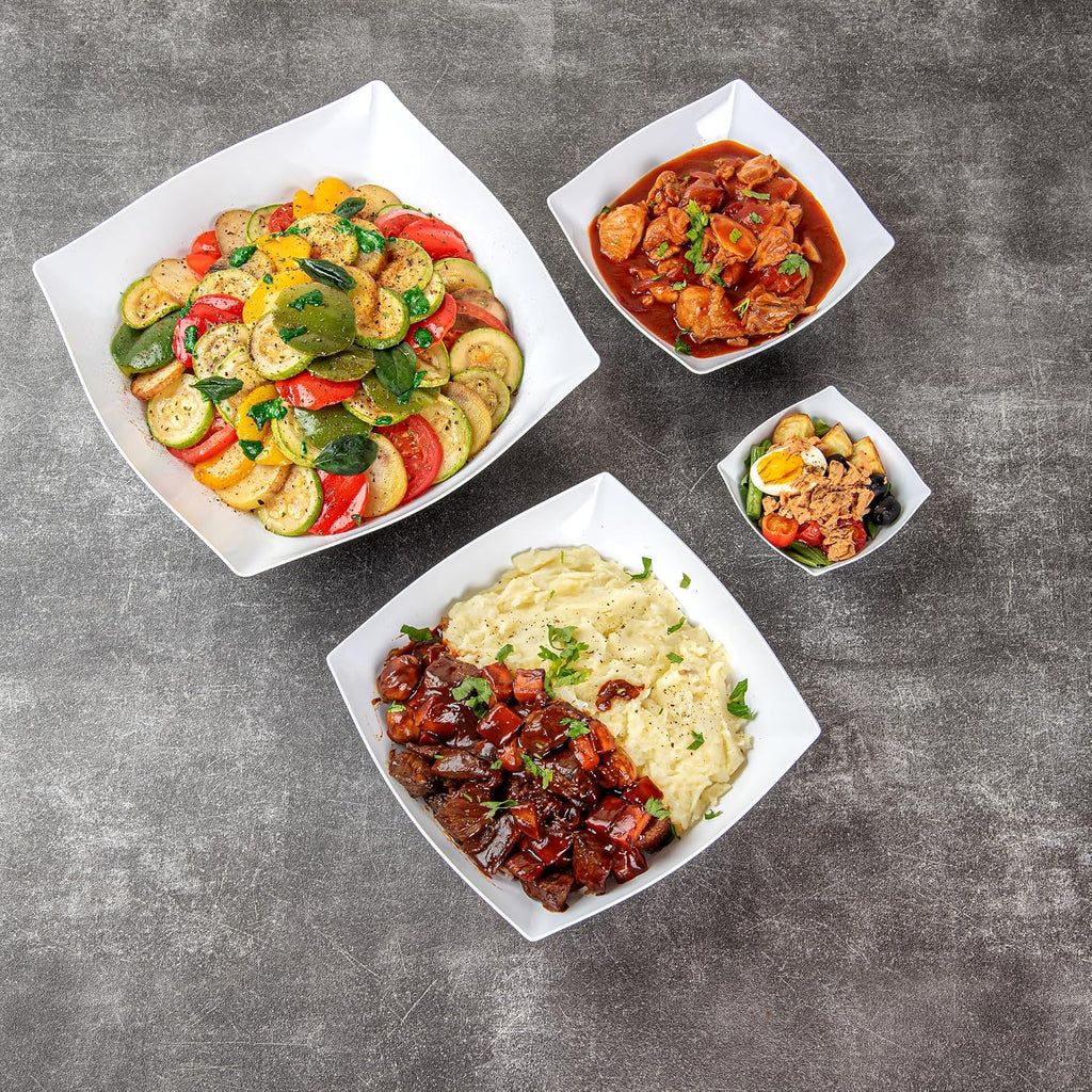Restaurantware Moderna 64 Ounce Fancy Plastic Bowls 100 Square Disposable Salad Bowls - Durable Heavy-duty White Plastic Bowls For Warm And Cold Foods