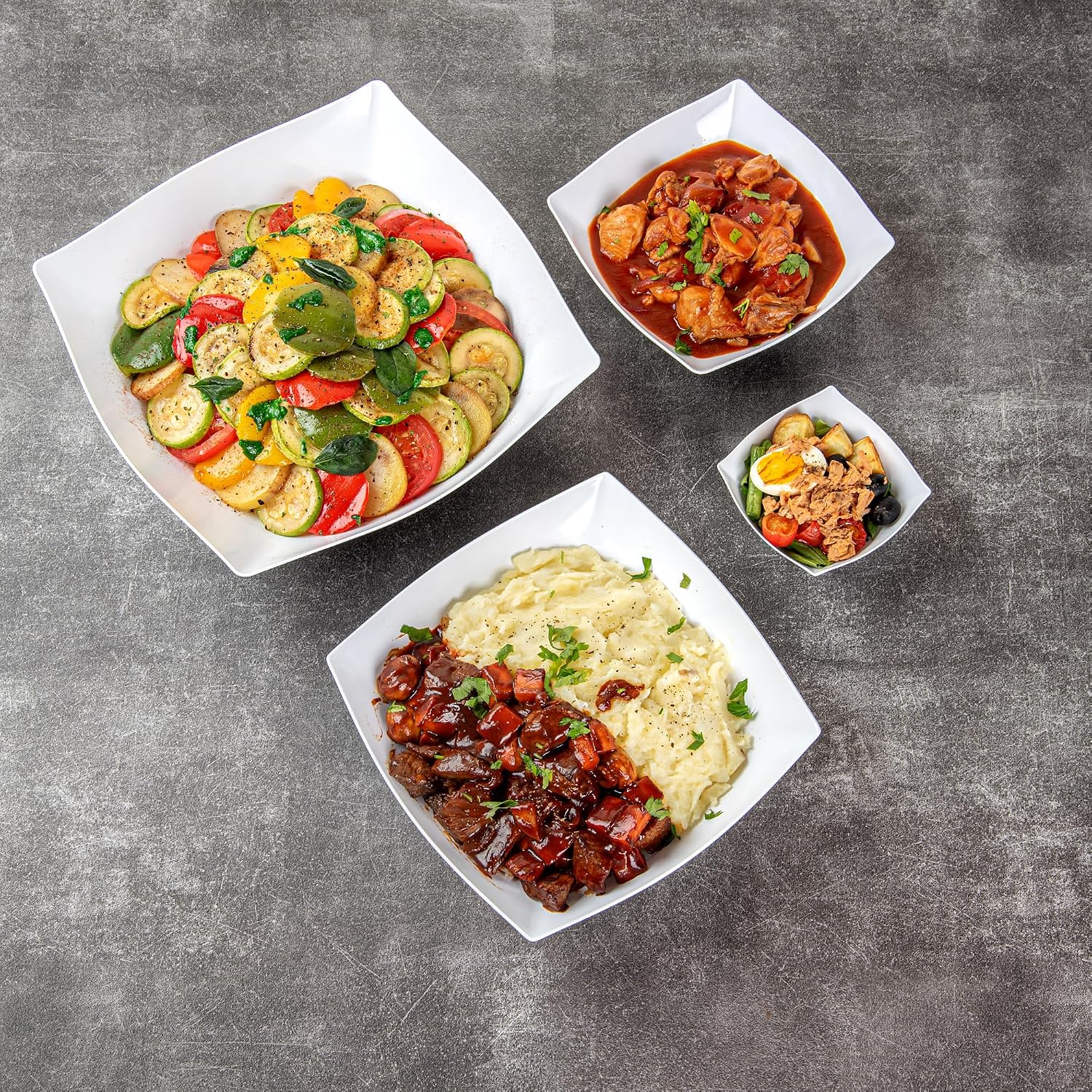 Restaurantware Moderna 64 Ounce Fancy Plastic Bowls 100 Square Disposable Salad Bowls - Durable Heavy-duty White Plastic Bowls For Warm And Cold Foods