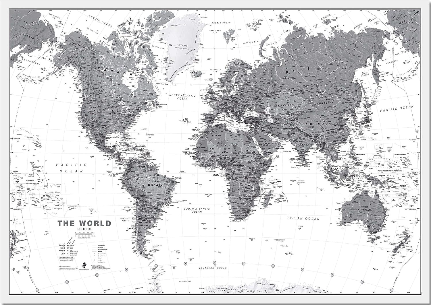 Maps International Large Political World Wall Map - Black & White - Pinboard - 36 x 48