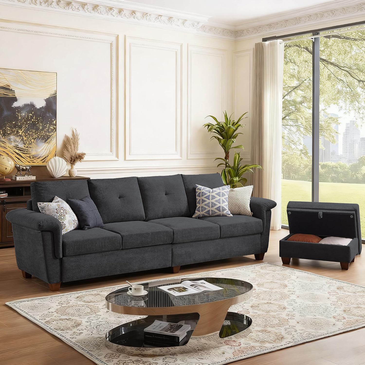108' Sectional Sofa, Convertible L Shaped Sofa with Ottoman and Large Storage, 4 Seat Sectional Couch with Cup Holder, Couches for Living Room, Apartment, Office (Dark Grey)